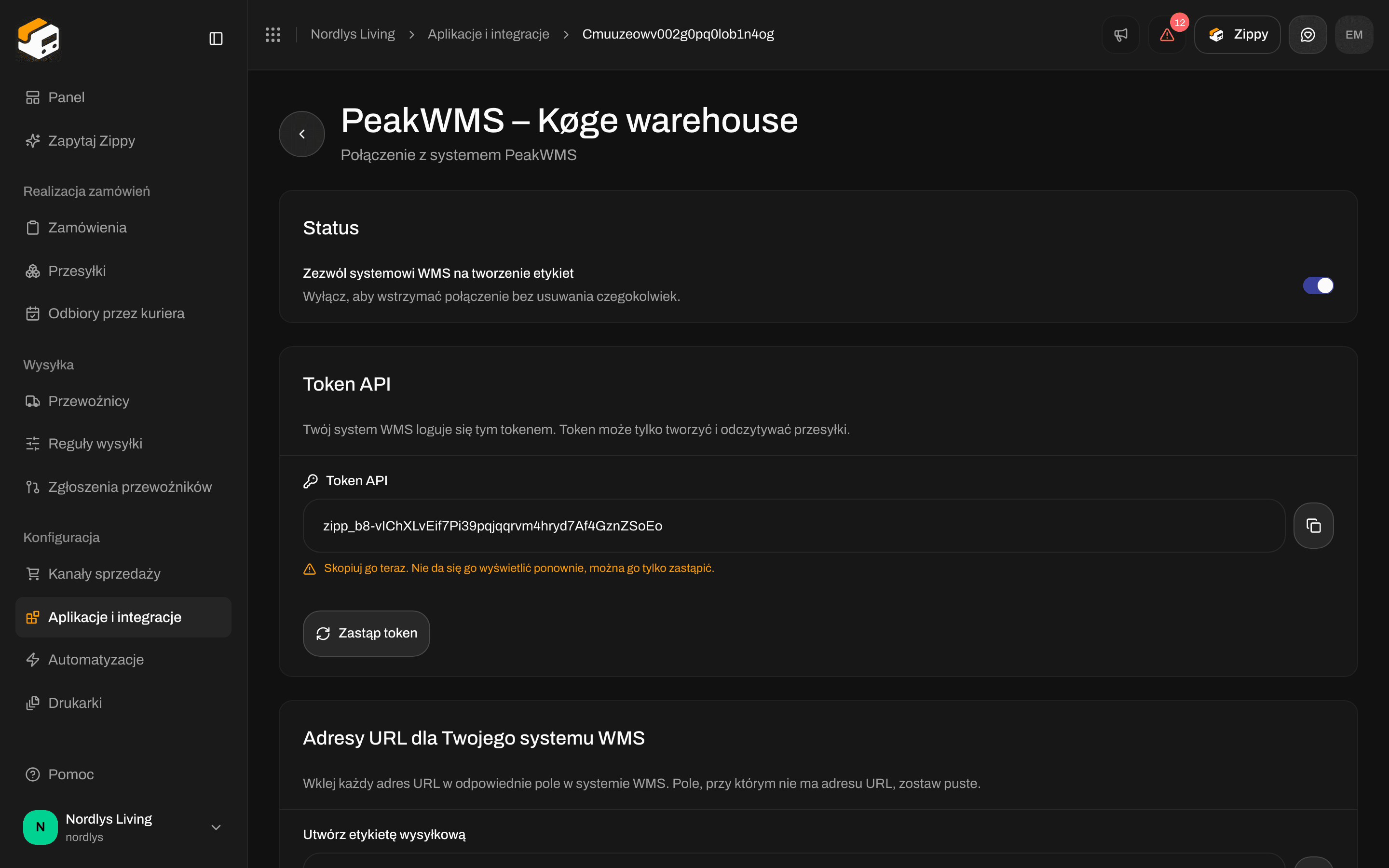 Sekcja Token API na stronie połączenia pokazująca token API jednorazowo, z przyciskiem kopiowania