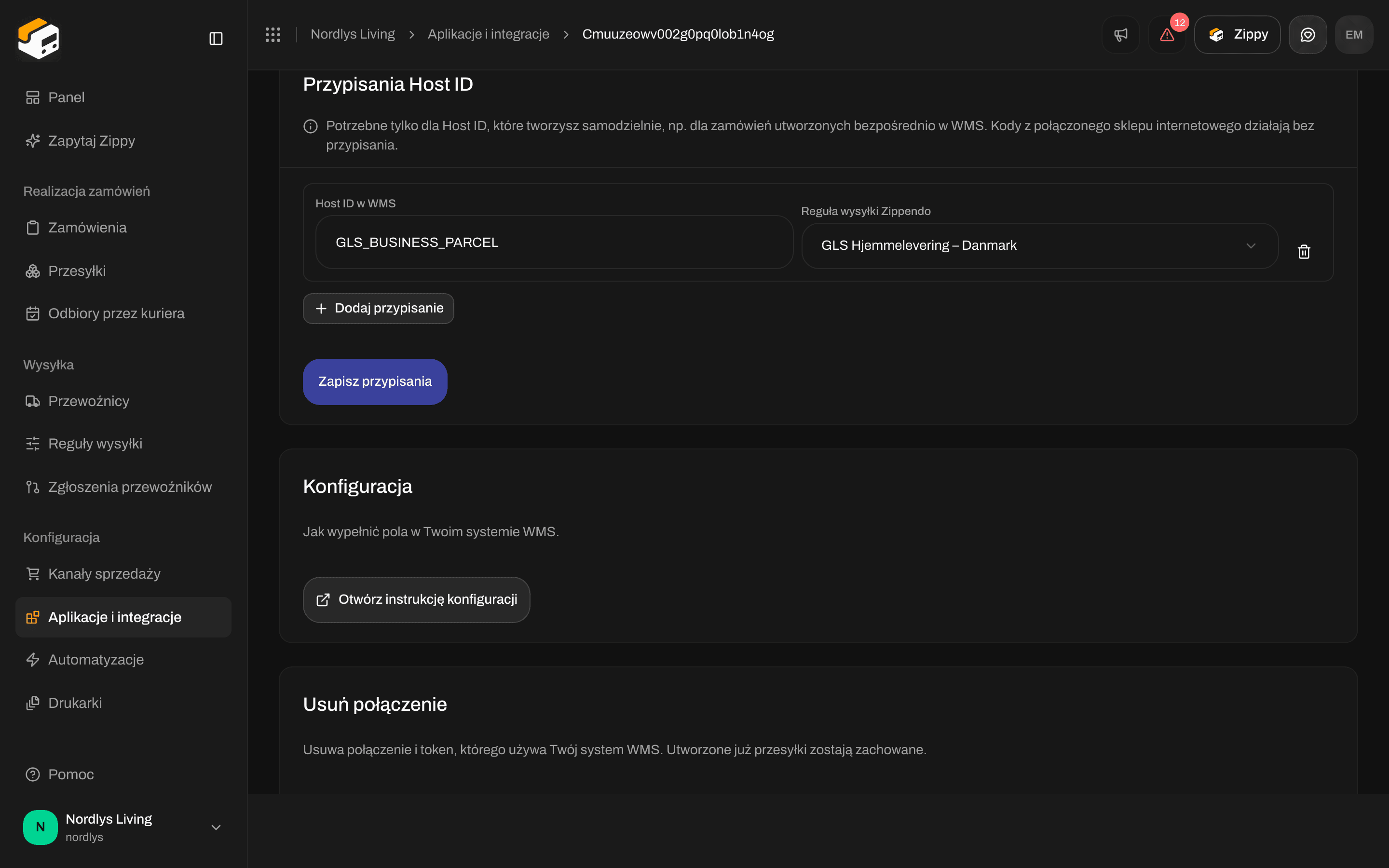 Sekcja Przypisania Host ID z GLS_BUSINESS_PARCEL przypisanym do reguły wysyłki GLS dla dostawy do domu