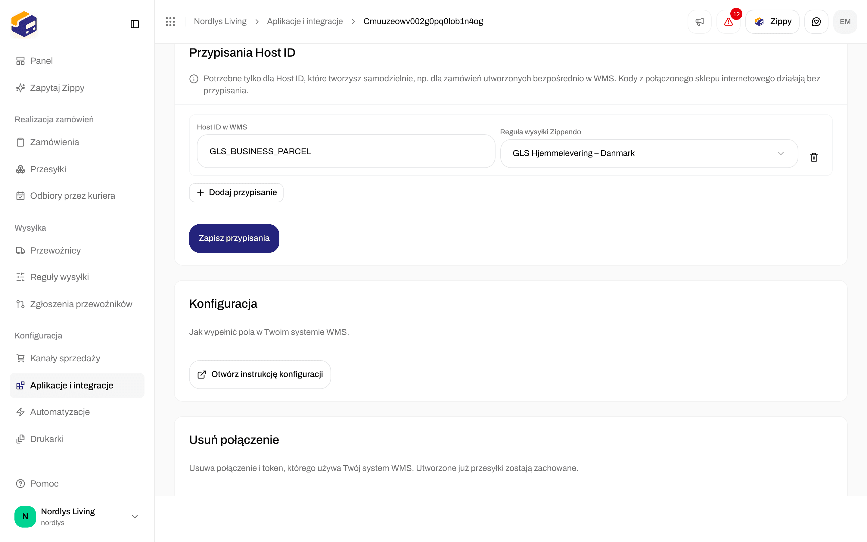 Sekcja Przypisania Host ID z GLS_BUSINESS_PARCEL przypisanym do reguły wysyłki GLS dla dostawy do domu
