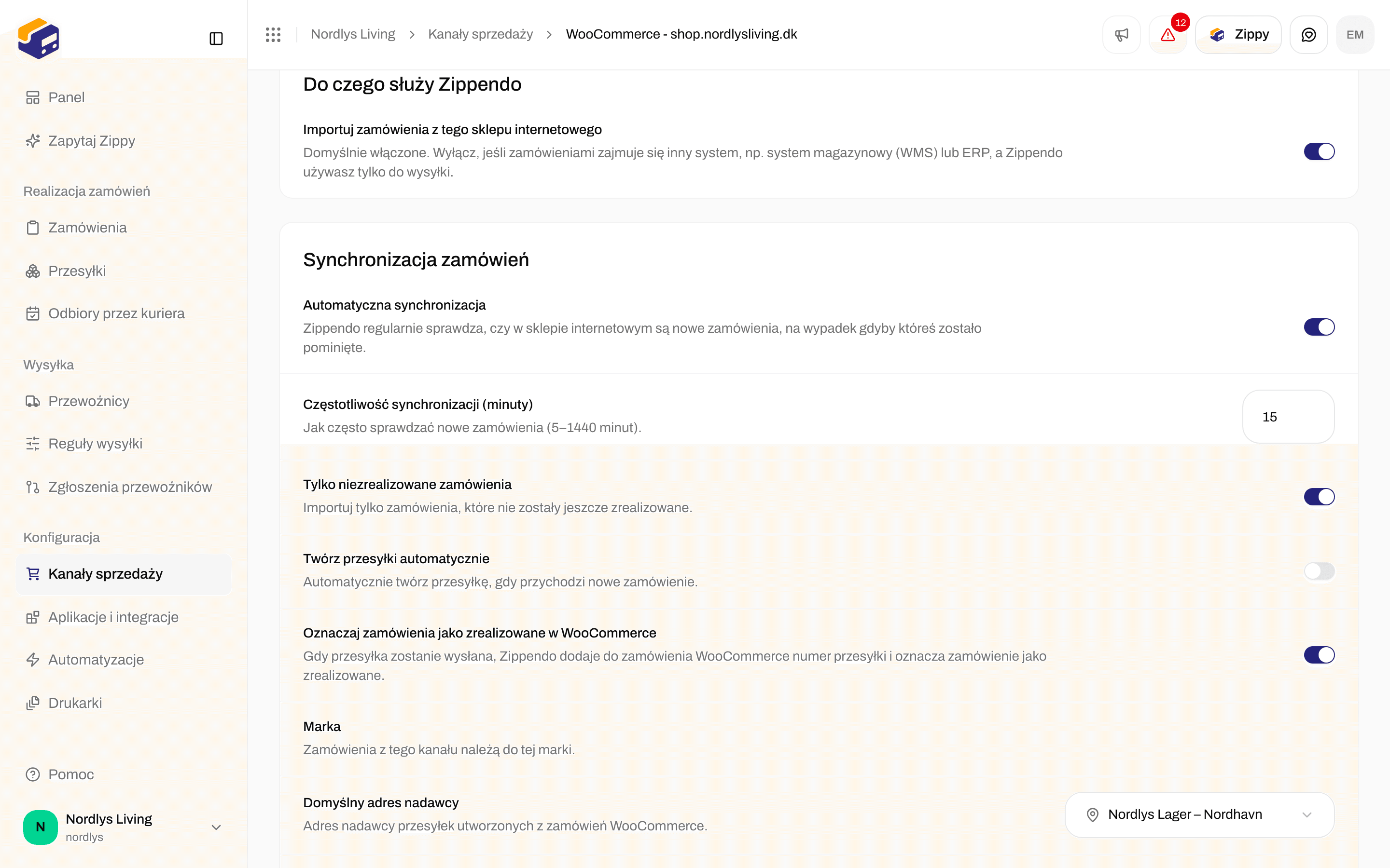 Ustawienia kanału sprzedaży z sekcją Do czego służy Zippendo i jej przełącznikiem importu