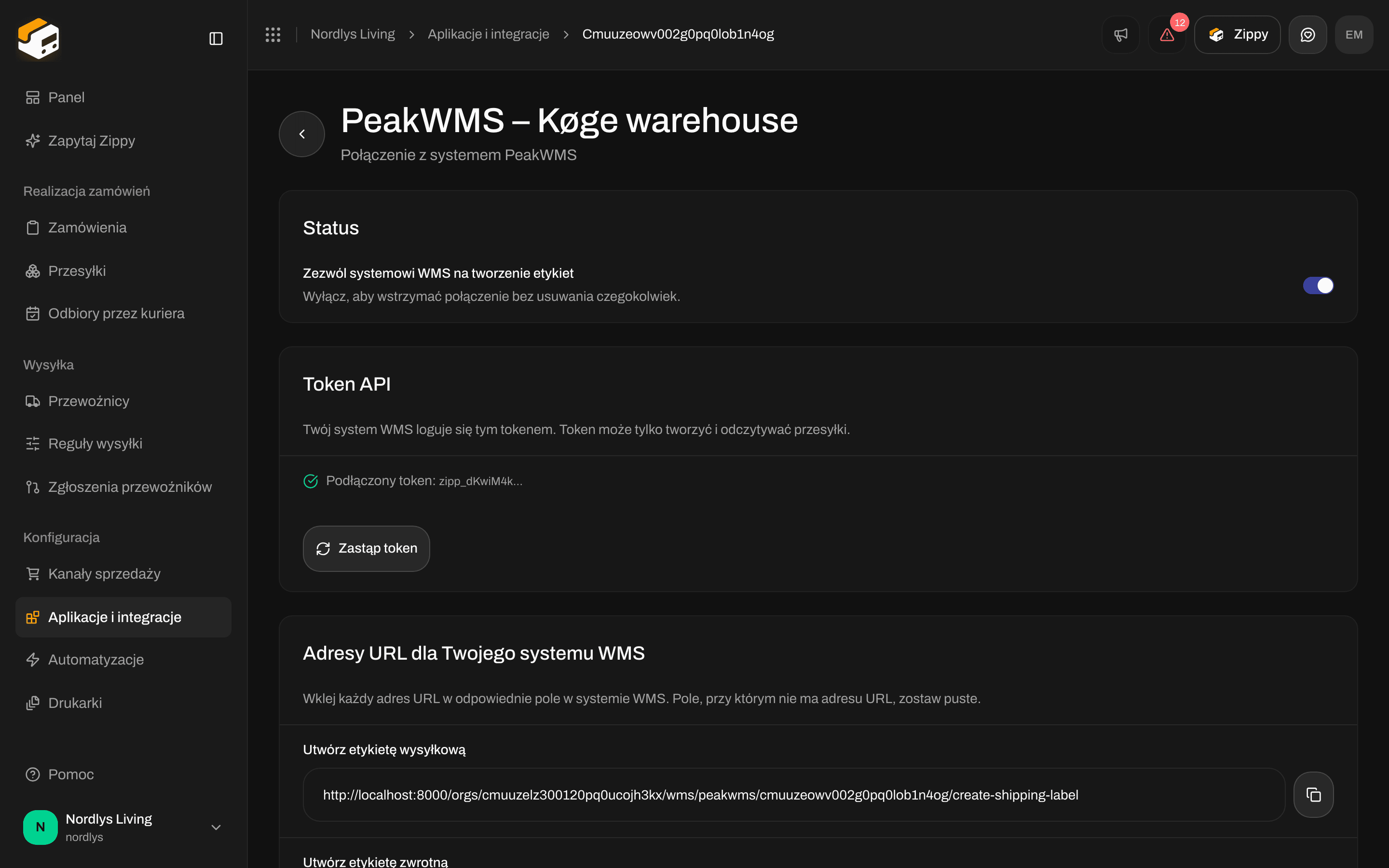 Strona połączenia z sekcją Status i włączonym przełącznikiem Zezwól systemowi WMS na tworzenie etykiet