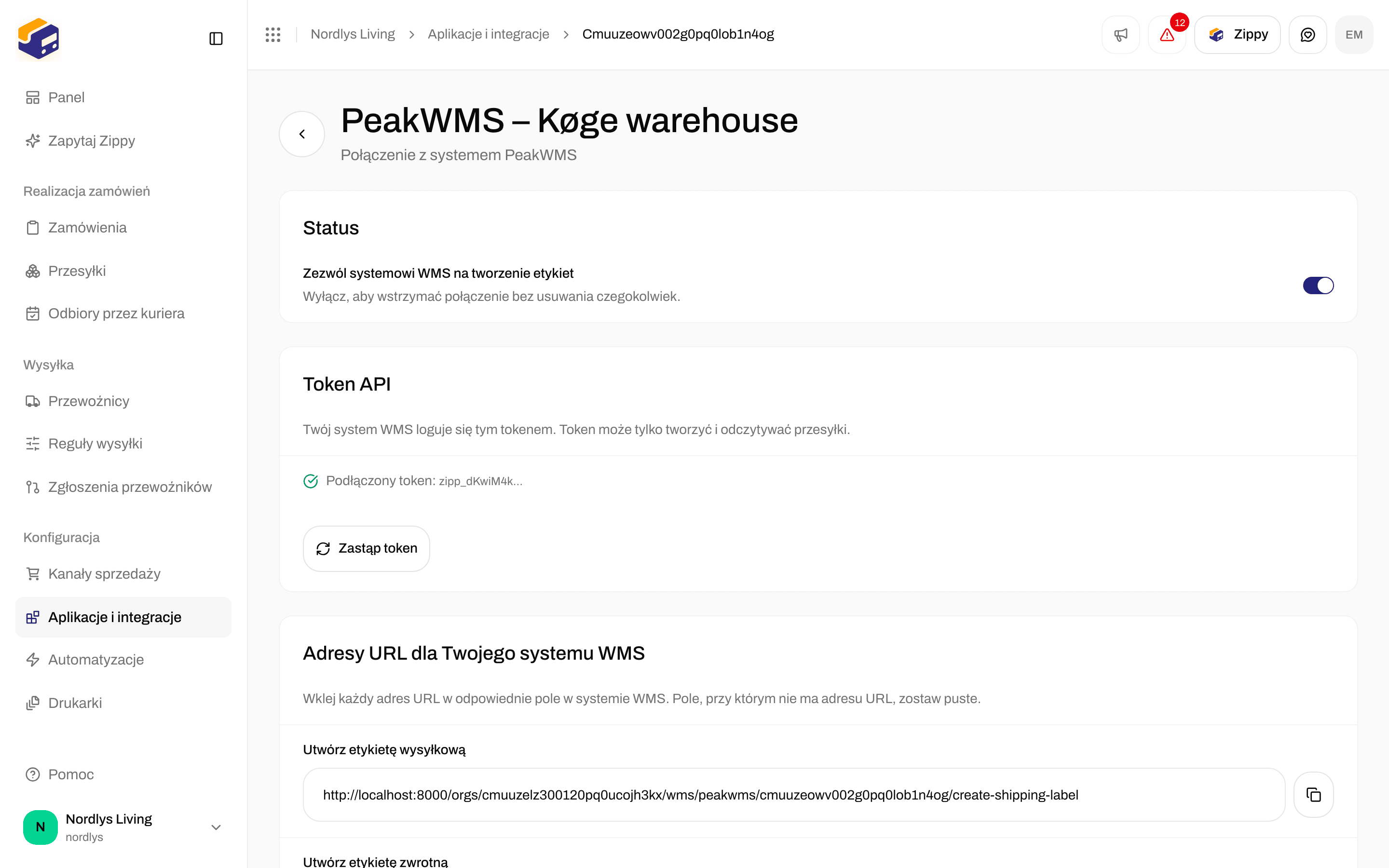 Strona połączenia z sekcją Status i włączonym przełącznikiem Zezwól systemowi WMS na tworzenie etykiet