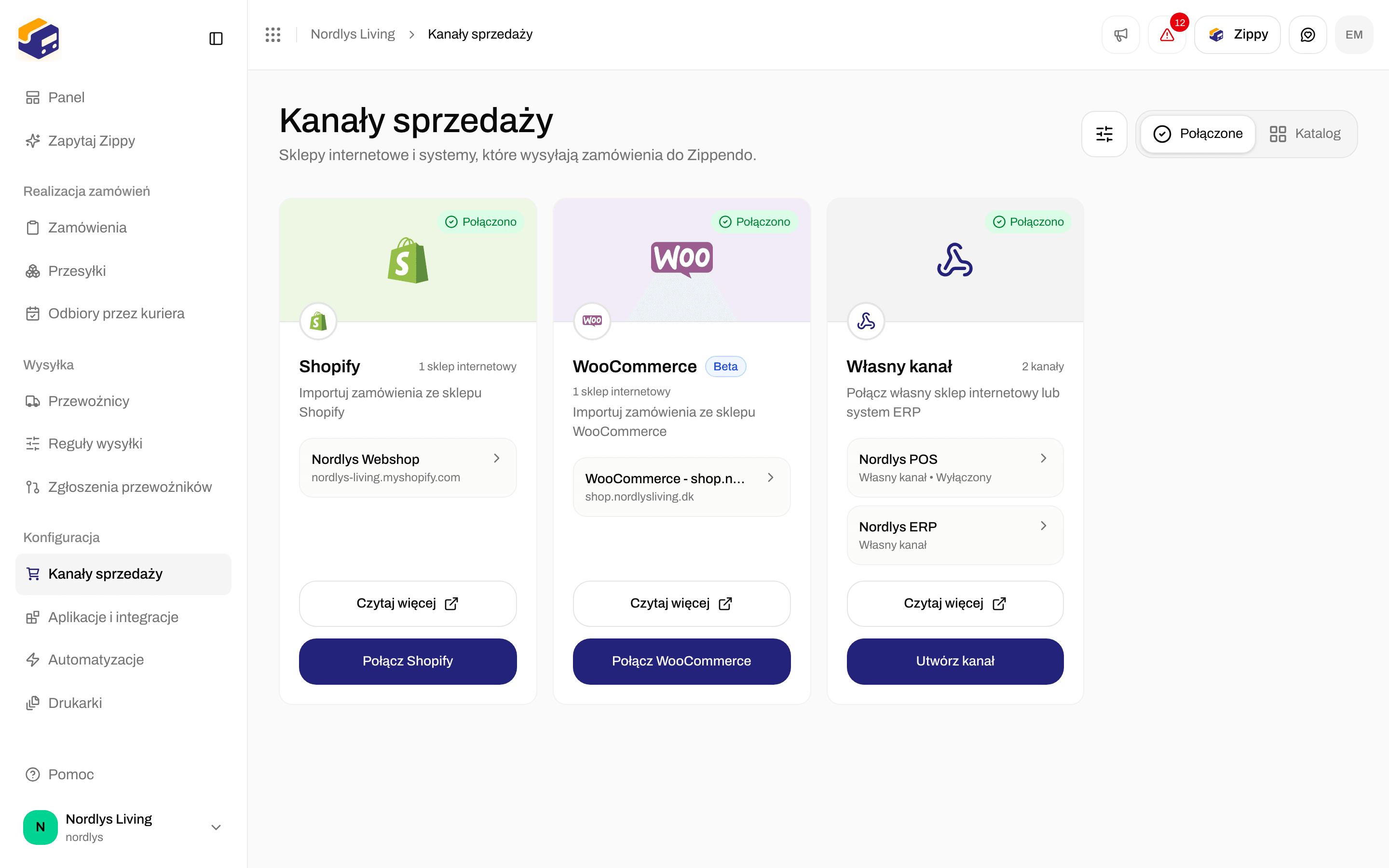 Połączone kanały sprzedaży ze sklepem Shopify, jego adresem myshopify.com i datą połączenia