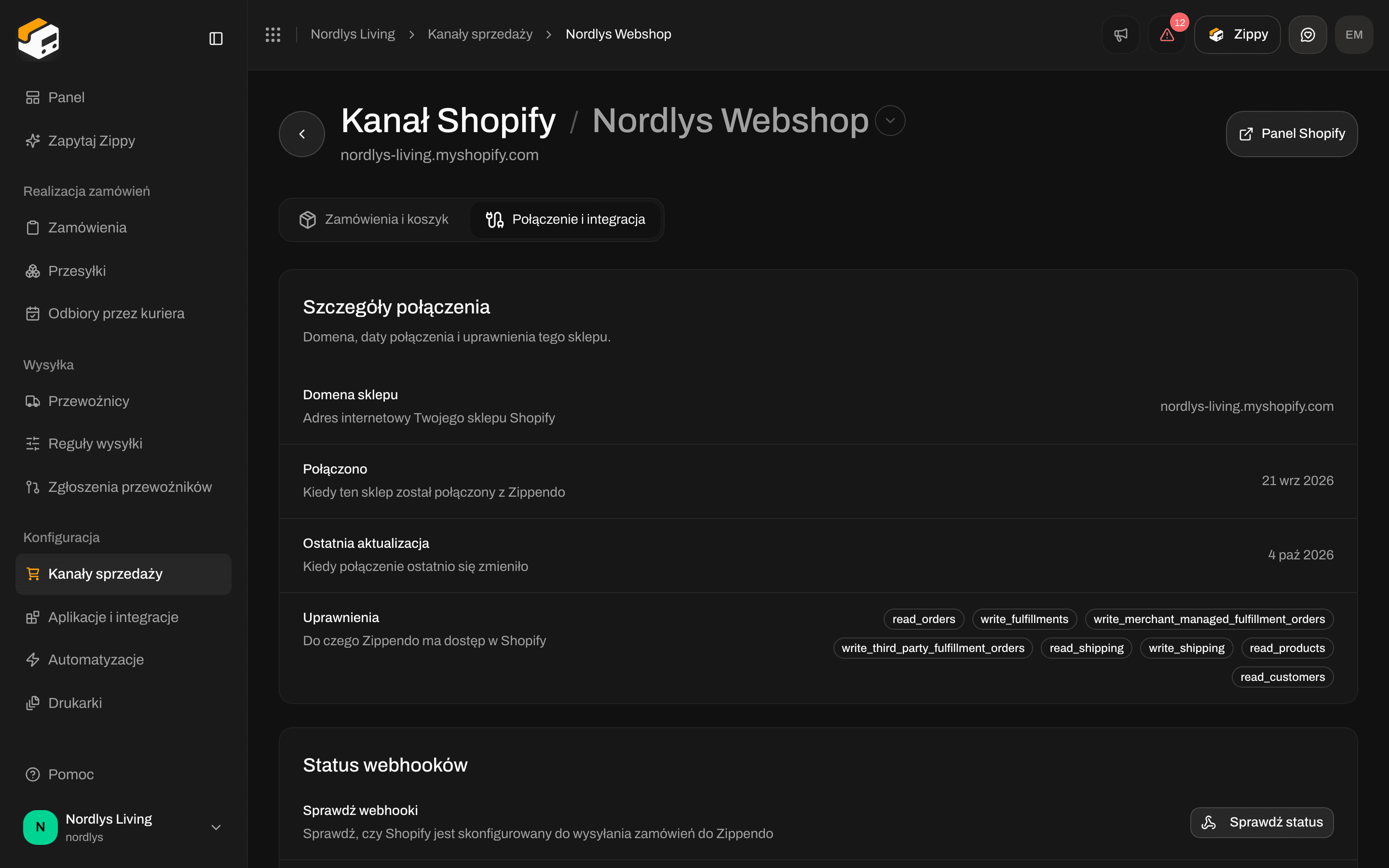 Karta Połączenie i integracja z domeną sklepu, datą połączenia, uprawnieniami oraz Statusem webhooków z przyciskiem Sprawdź status