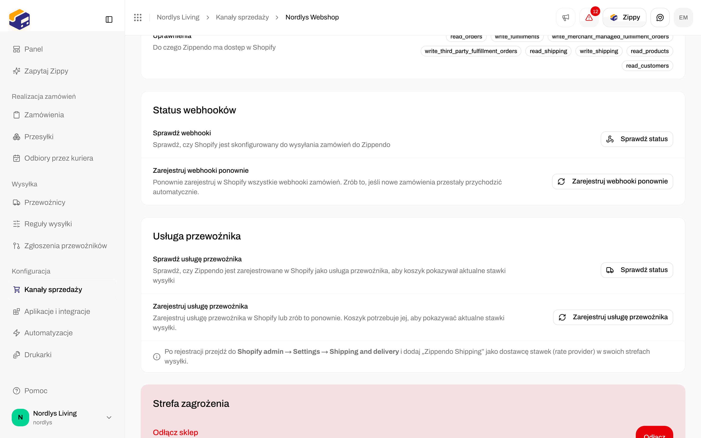 Karta Połączenie ze Statusem webhooków, Usługą przewoźnika i Strefą zagrożenia z pozycją Odłącz sklep