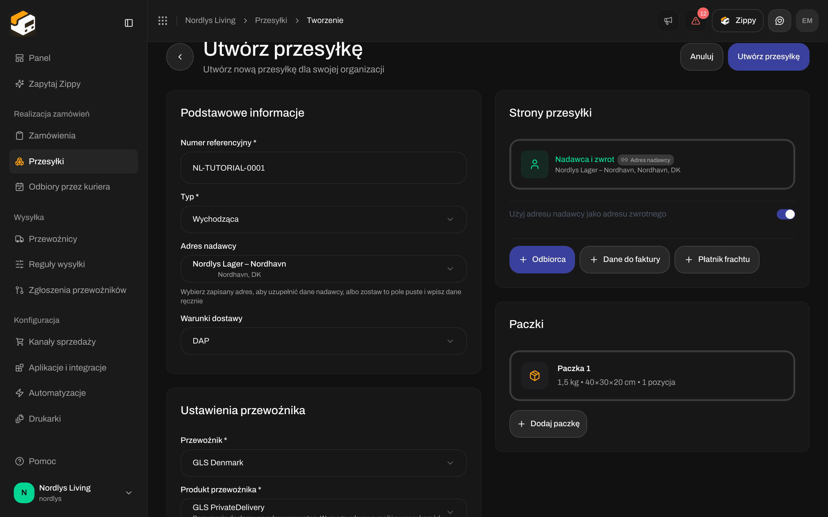 Formularz Utwórz przesyłkę z wpisanym numerem referencyjnym, adresem nadawcy, GLS PrivateDelivery i jedną paczką