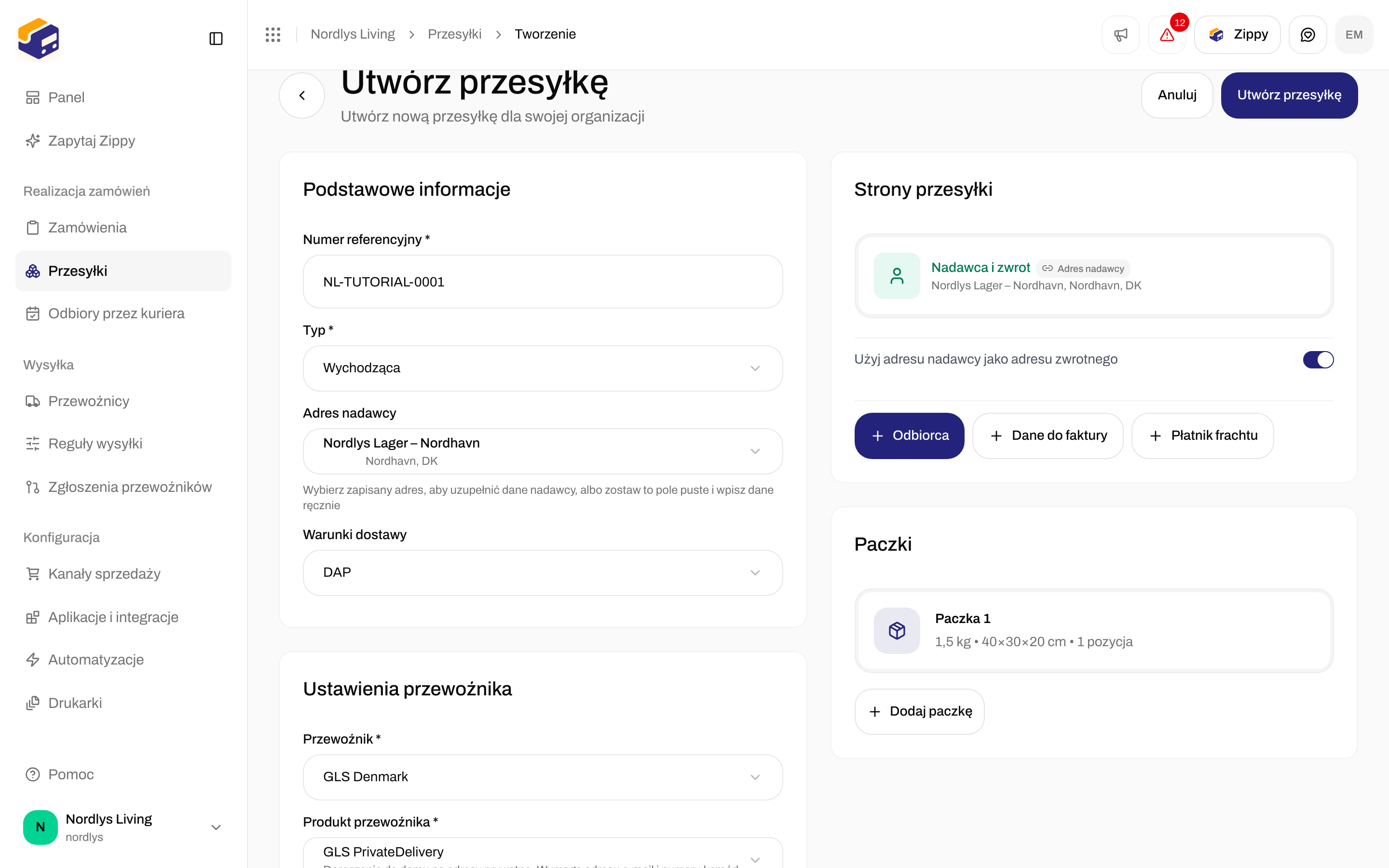 Formularz Utwórz przesyłkę z wpisanym numerem referencyjnym, adresem nadawcy, GLS PrivateDelivery i jedną paczką