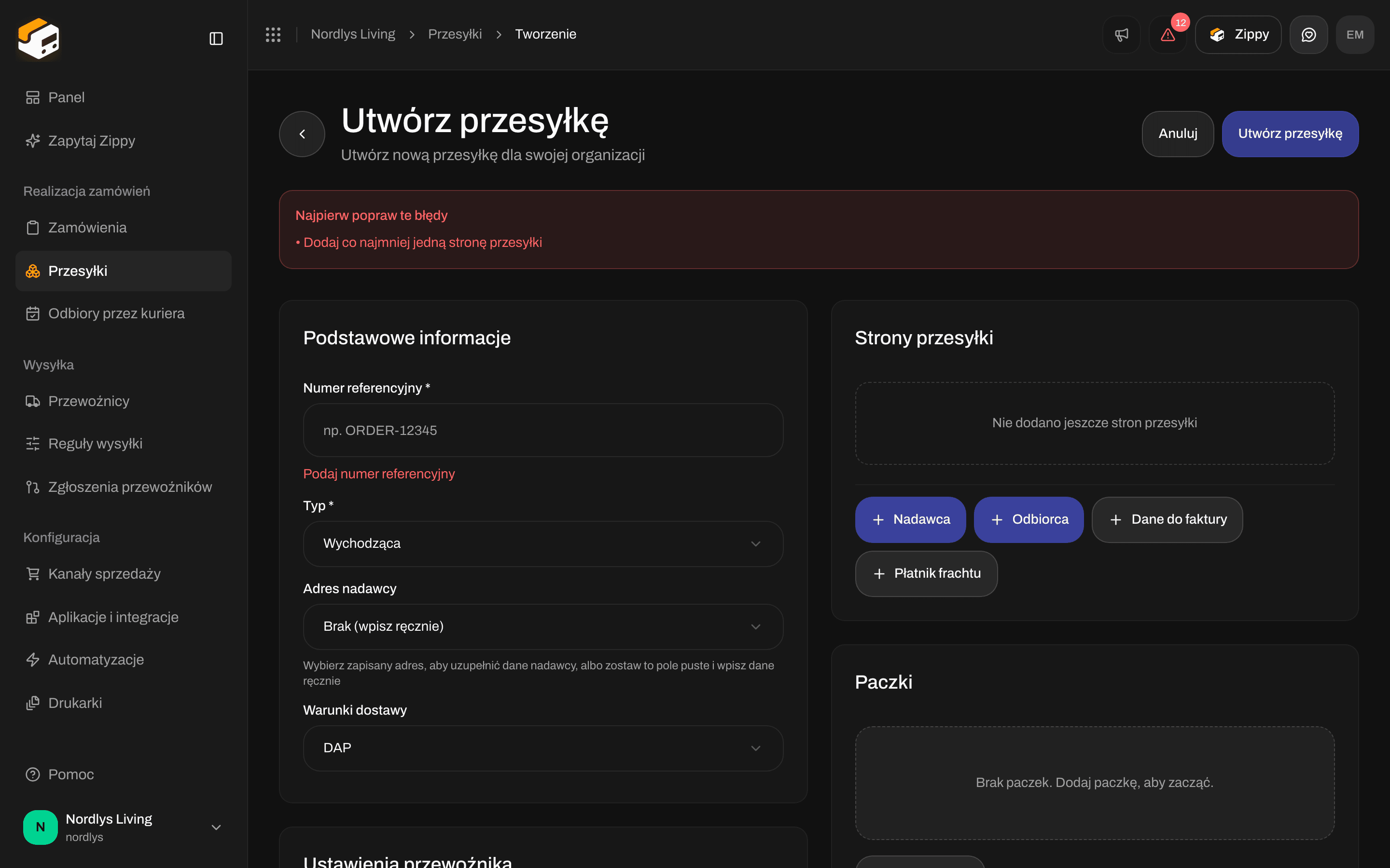 Formularz Utwórz przesyłkę z komunikatami Podaj numer referencyjny i Dodaj co najmniej jedną stronę przesyłki