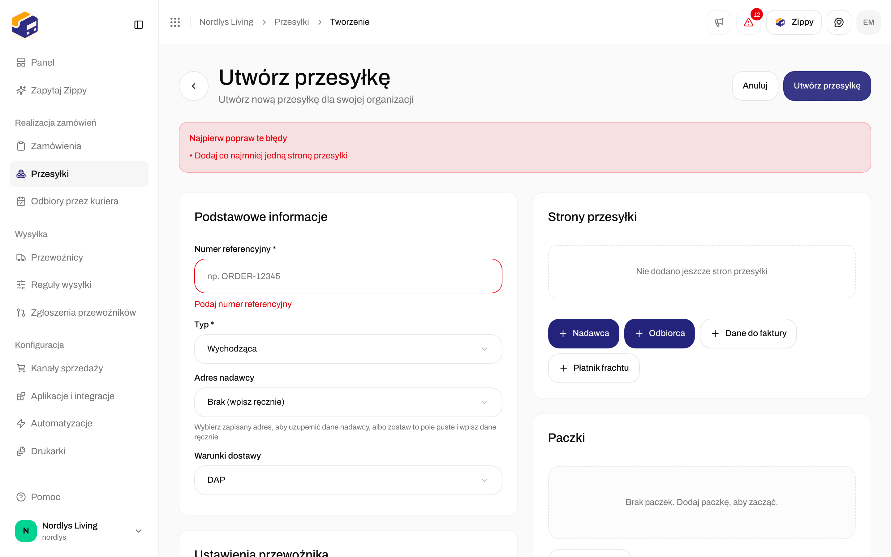 Formularz Utwórz przesyłkę z komunikatami Podaj numer referencyjny i Dodaj co najmniej jedną stronę przesyłki