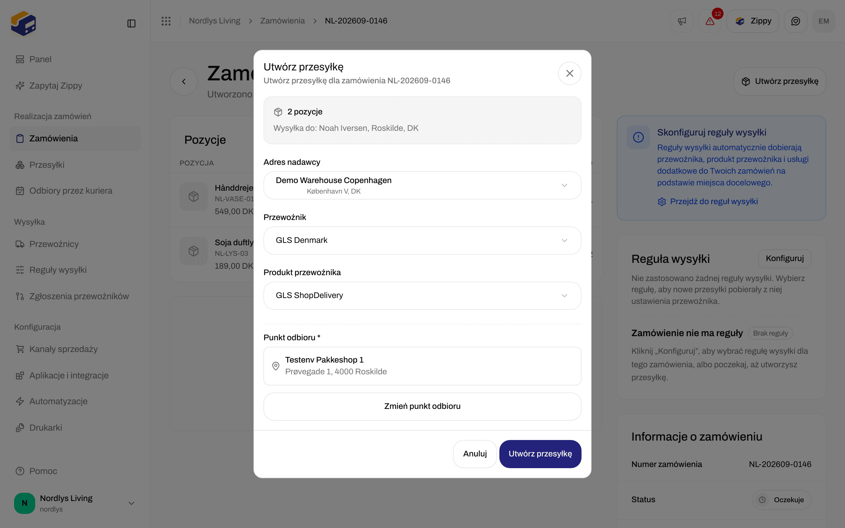 Okno Utwórz przesyłkę z GLS ShopDelivery i wybranym punktem odbioru