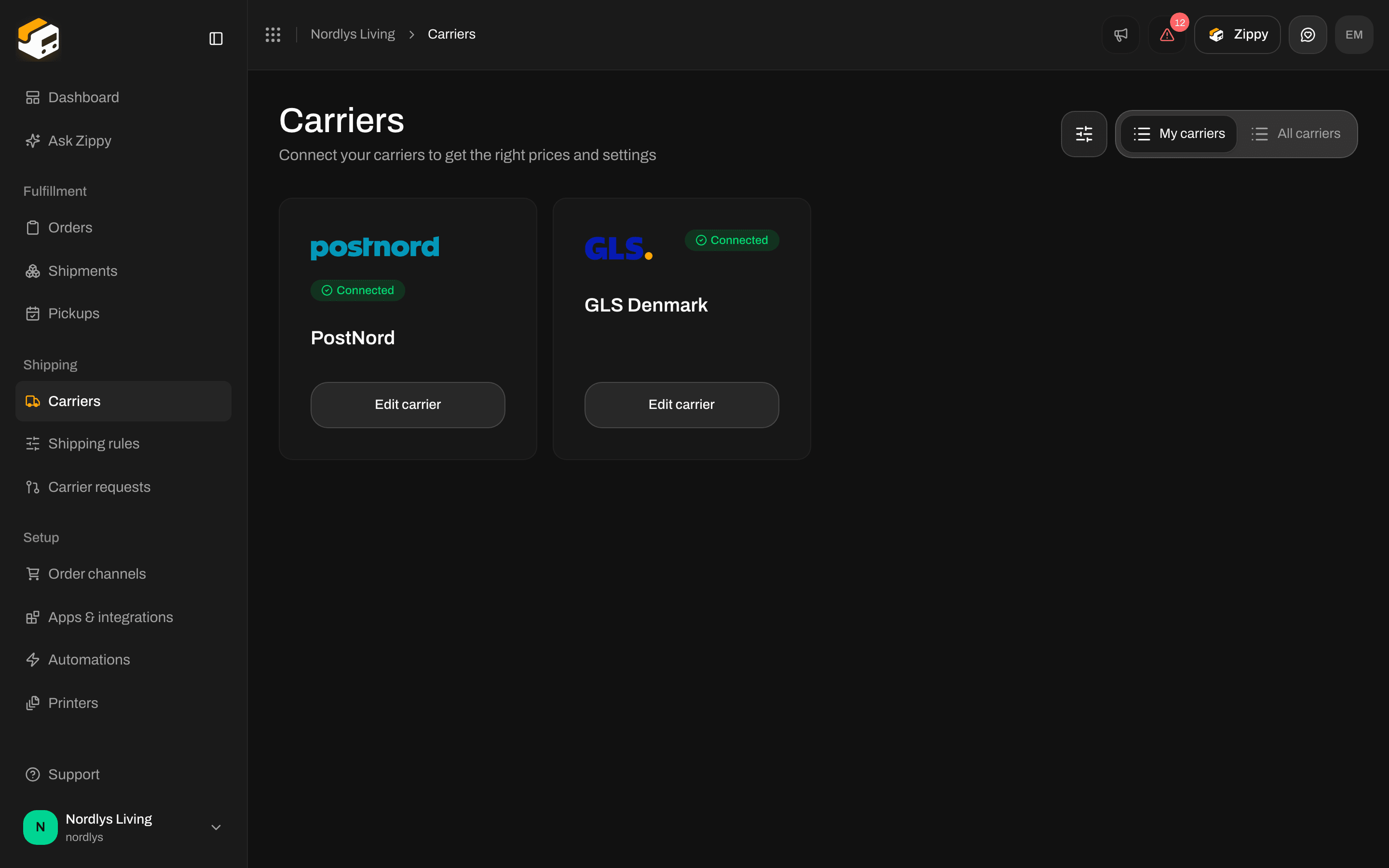 My carriers tab with PostNord and GLS Denmark, both Connected