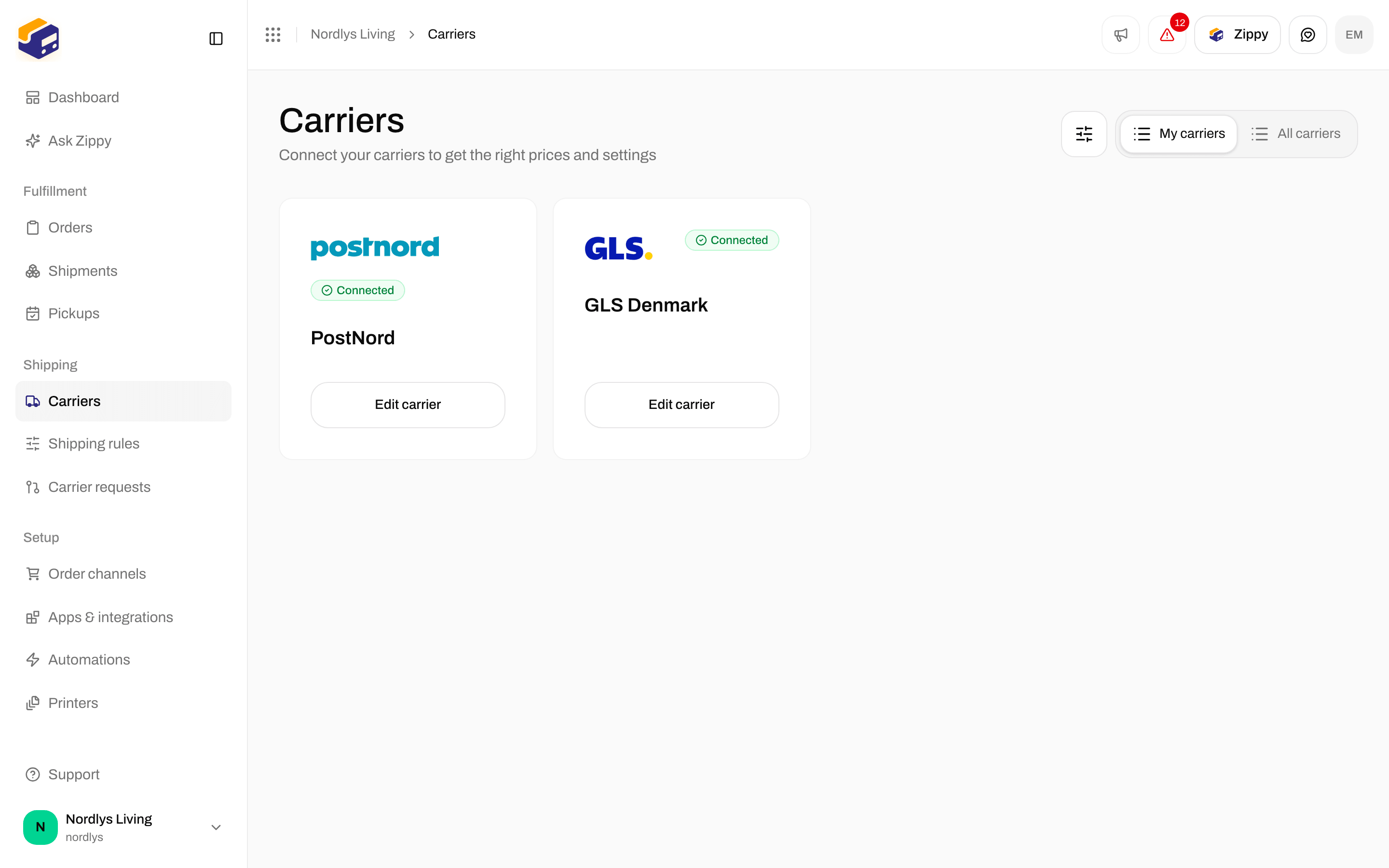 My carriers tab with PostNord and GLS Denmark, both Connected