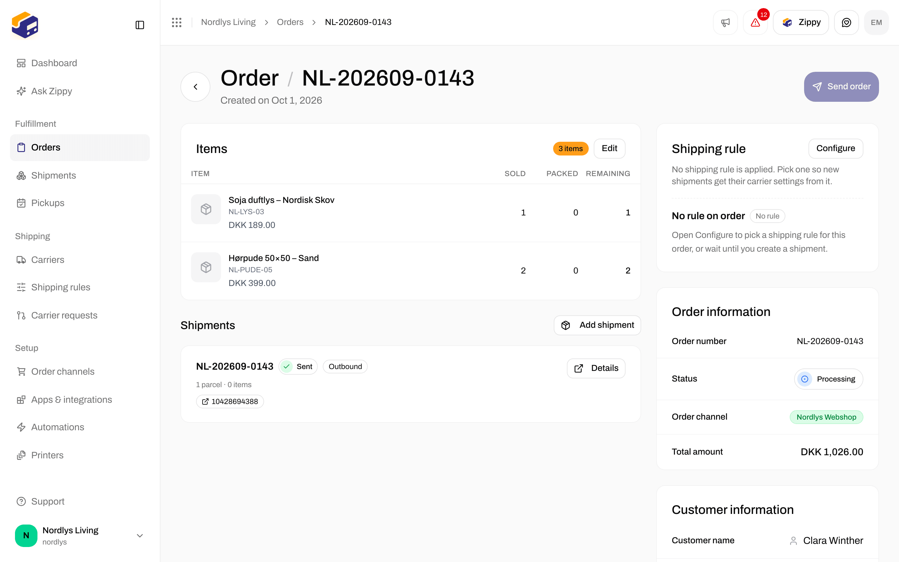 An order with its shipping rule, order information, and items