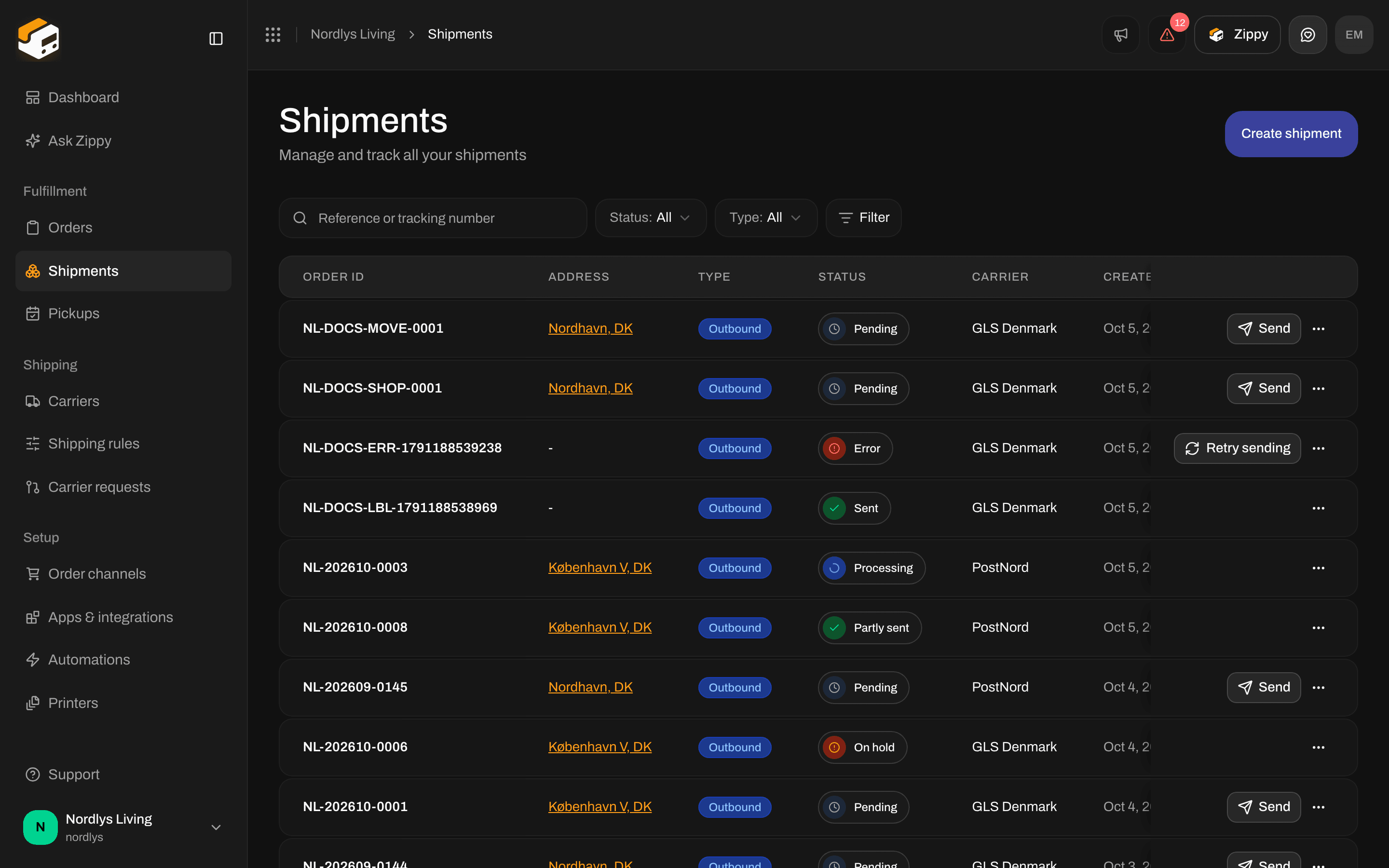 All shipments list with outbound shipments in Pending, Cancelled, Sent, and Processing