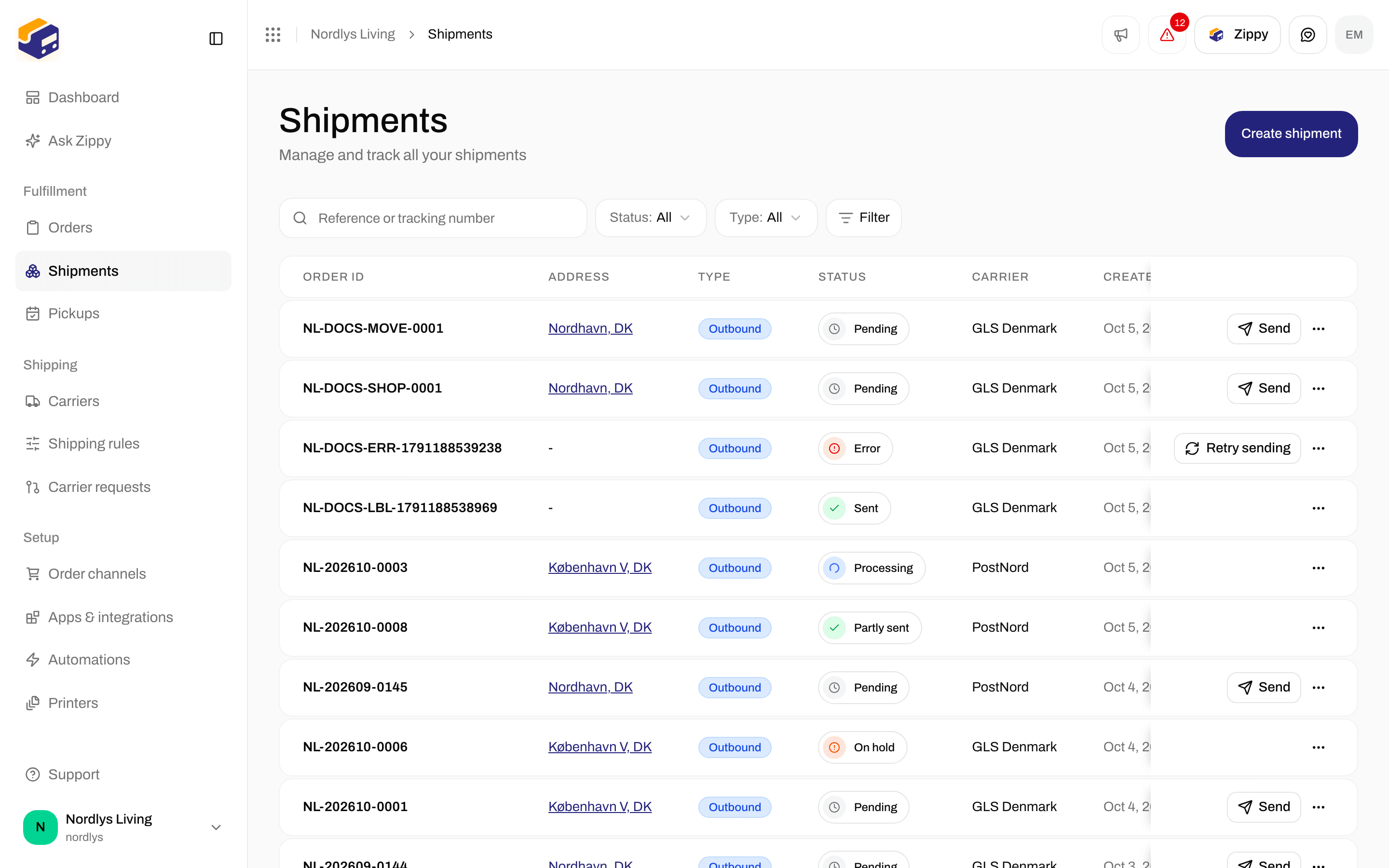 All shipments list with outbound shipments in Pending, Cancelled, Sent, and Processing