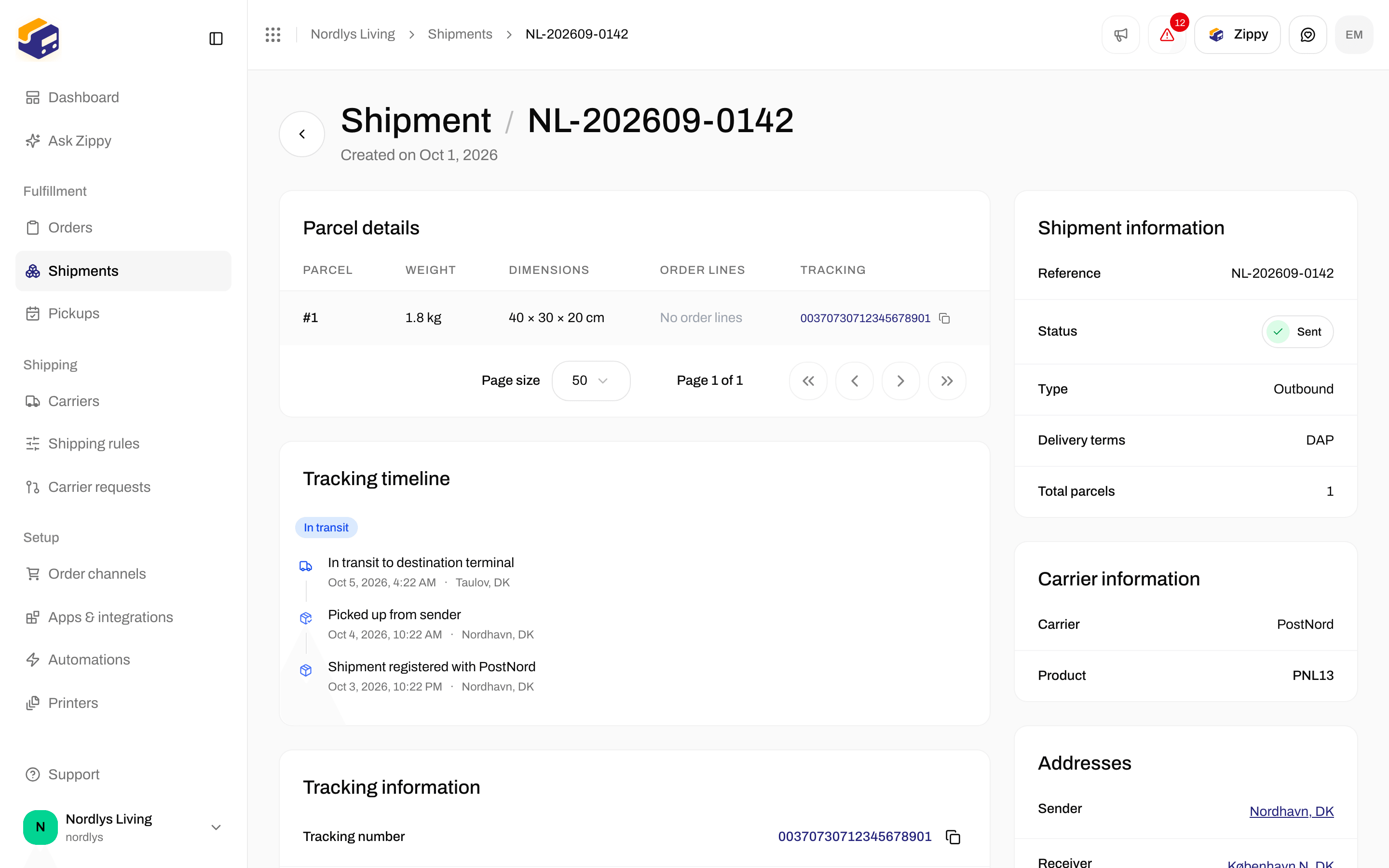 Overview of a sent PostNord shipment with its sender address
