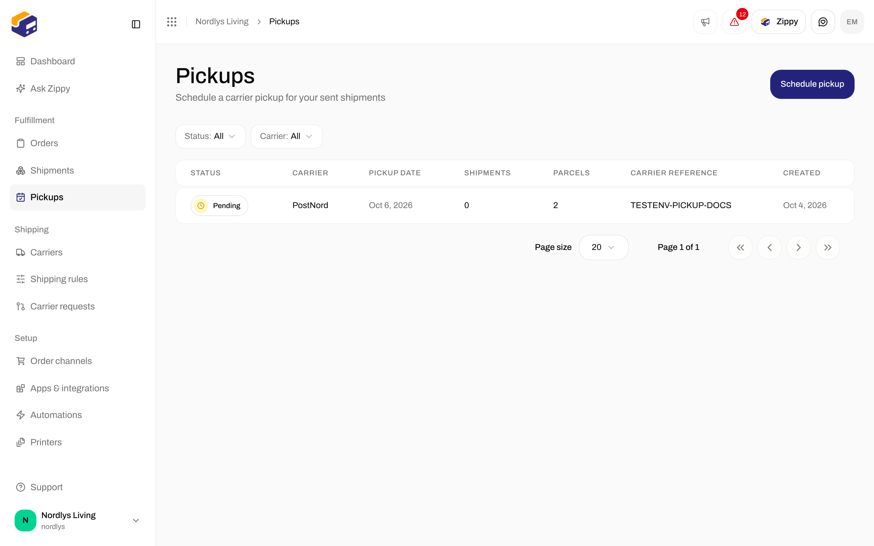 Pickups page saying No pickups scheduled, with Schedule pickup