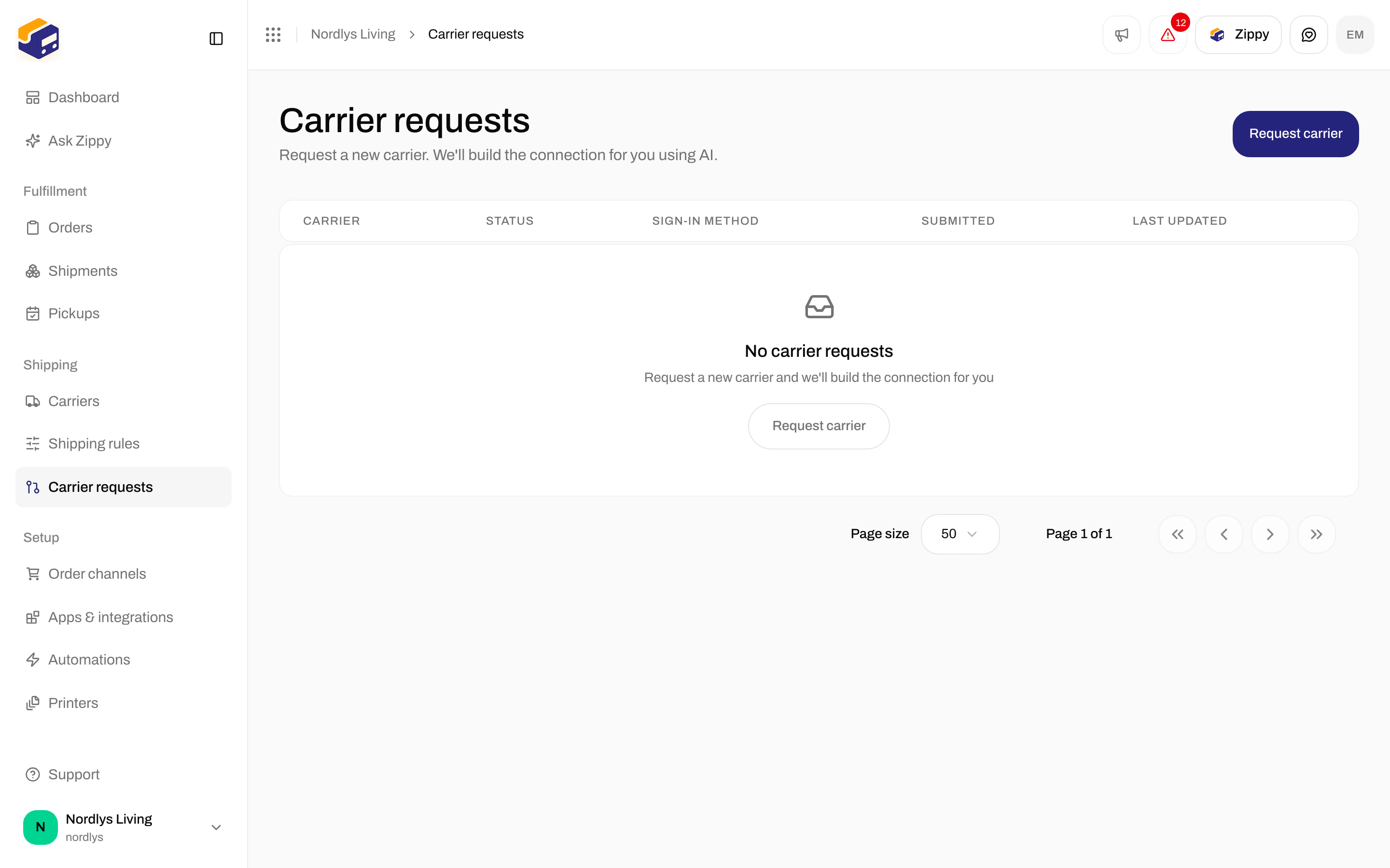 Carrier requests page with no requests yet and the Request carrier button