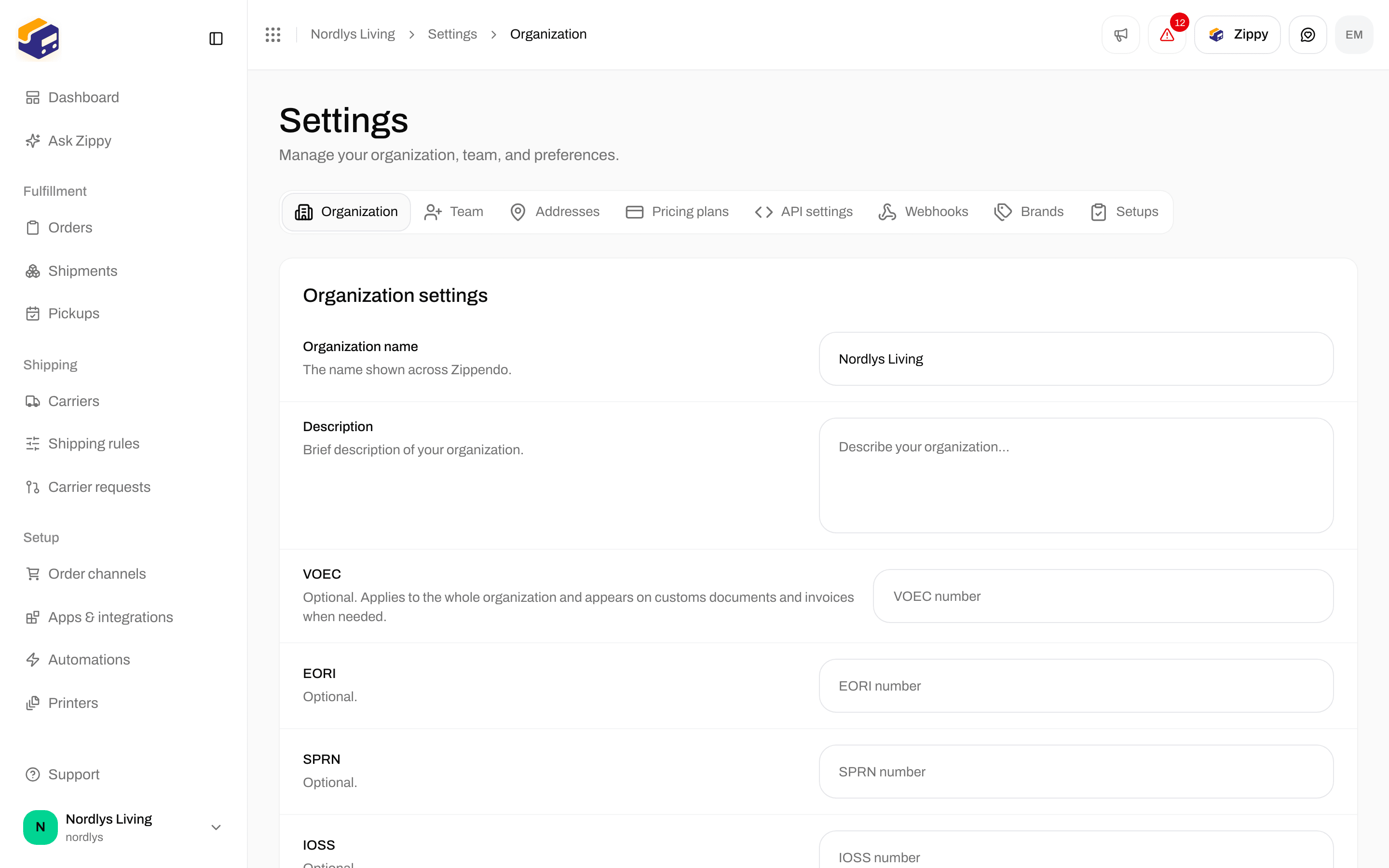 Organization settings with the organization name and the customs number fields