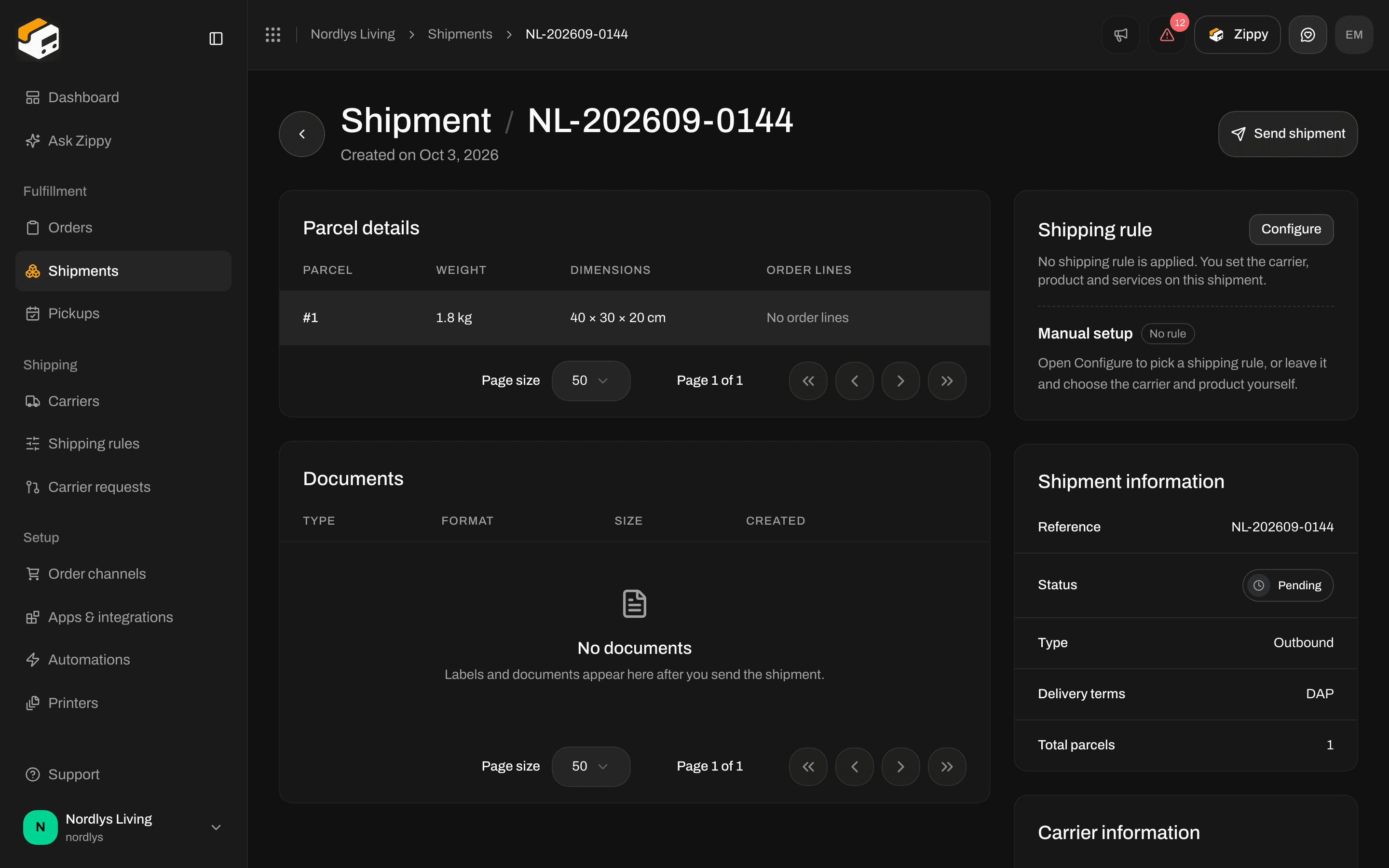 A pending shipment with the Send shipment button at the top