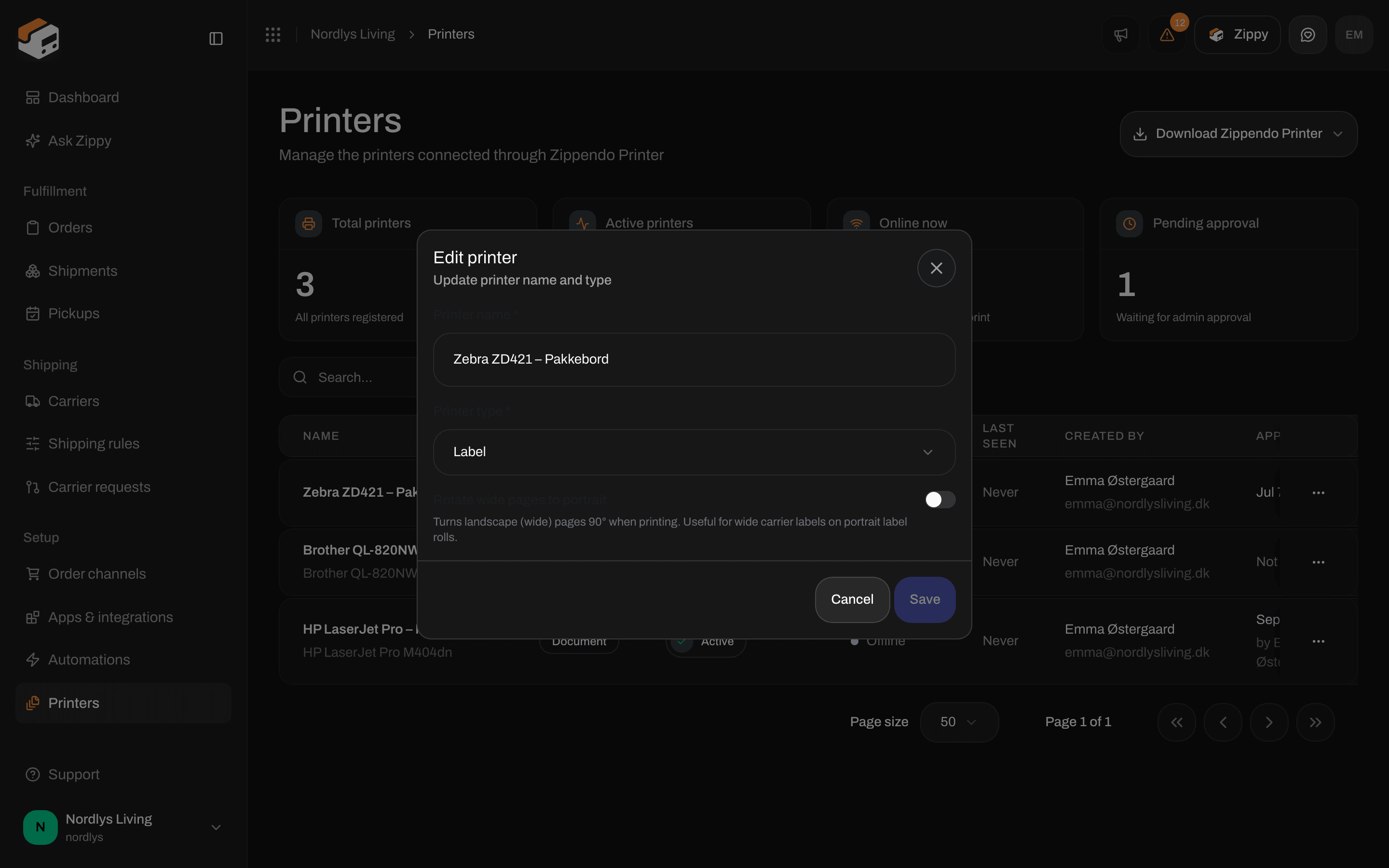 Edit printer window with the Rotate wide pages to portrait switch
