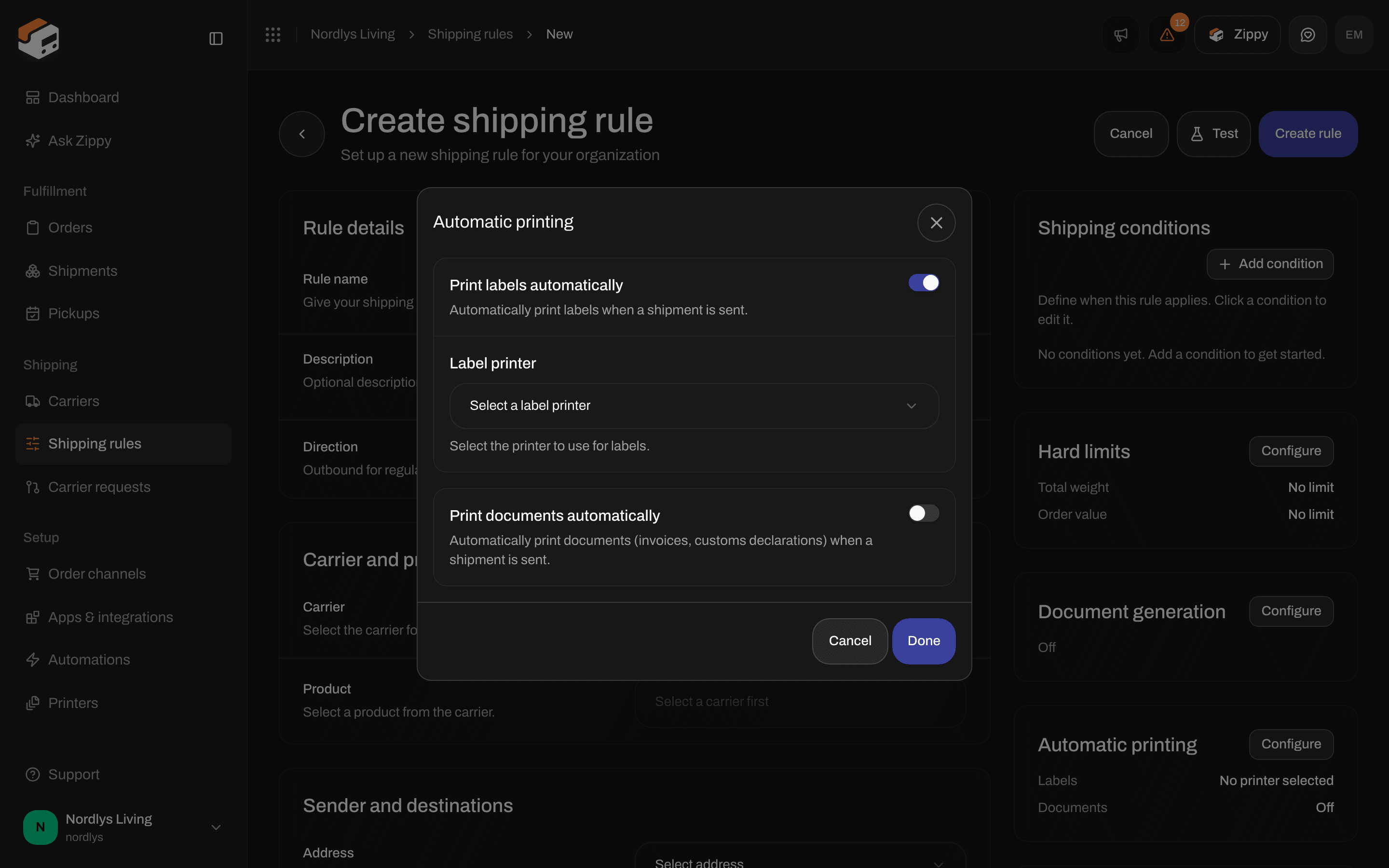 Shipping rule form, Automatic printing section with Print labels automatically turned on