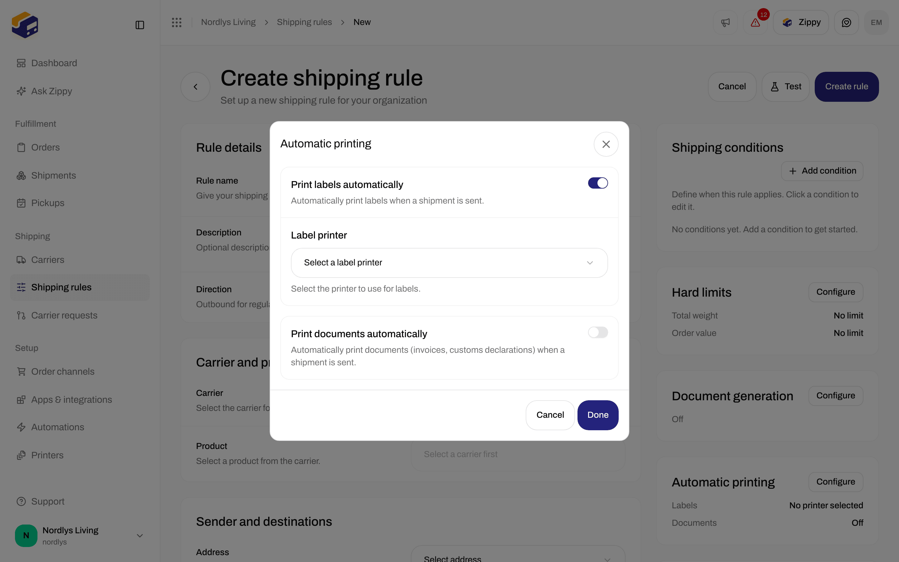 Shipping rule form, Automatic printing section with Print labels automatically turned on