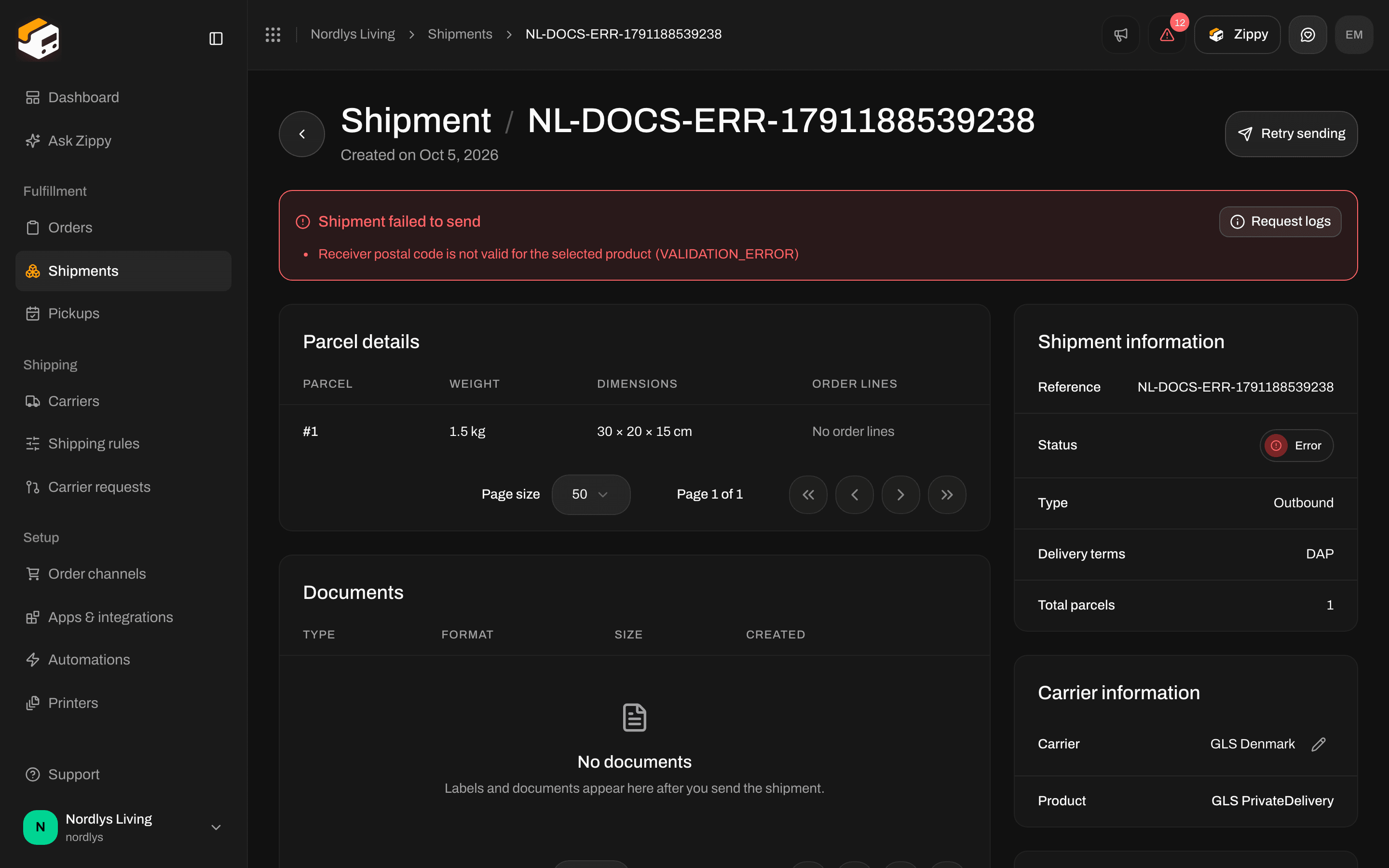 Shipment failed to send box with Retry sending at the top