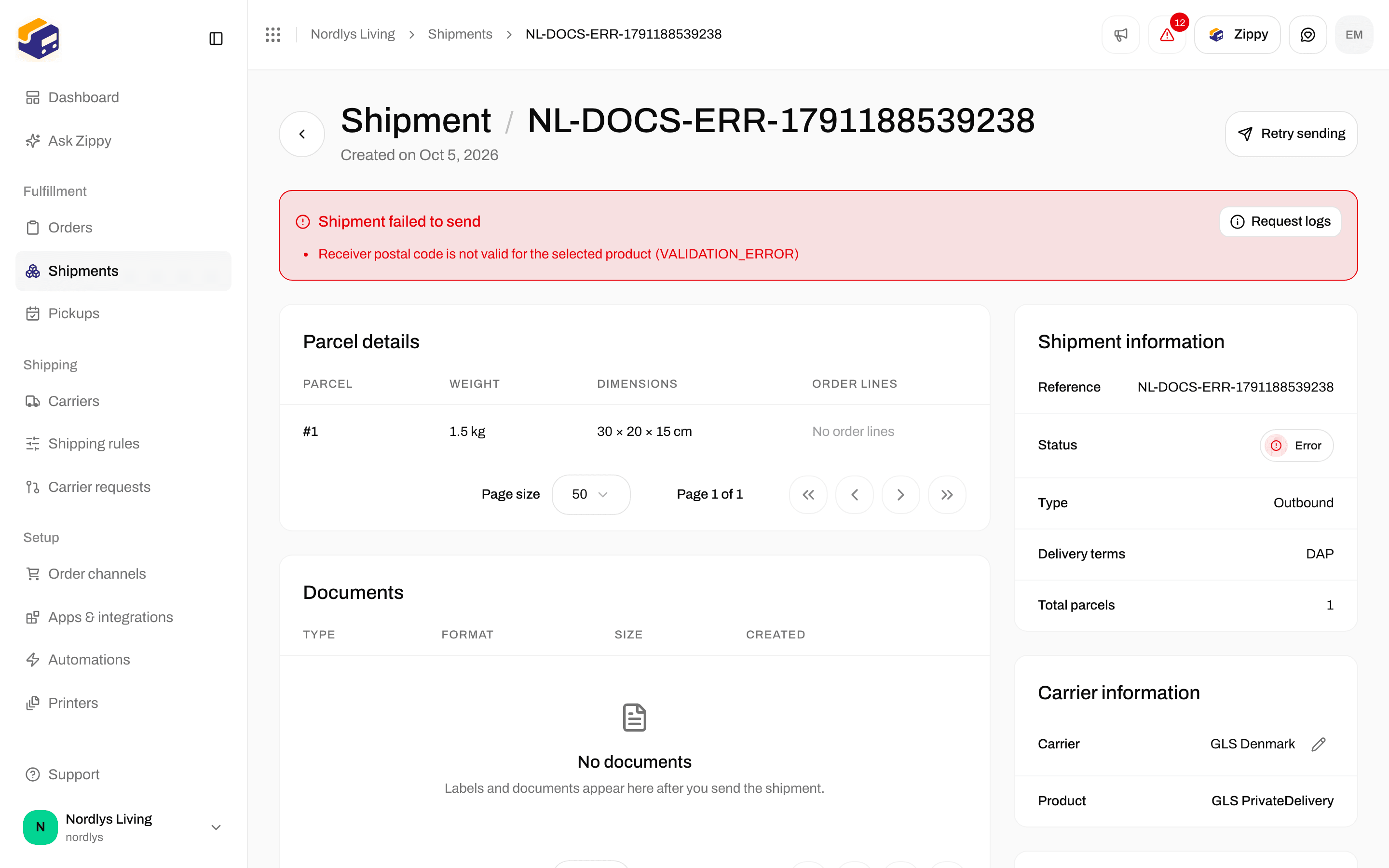 Shipment failed to send box with Retry sending at the top