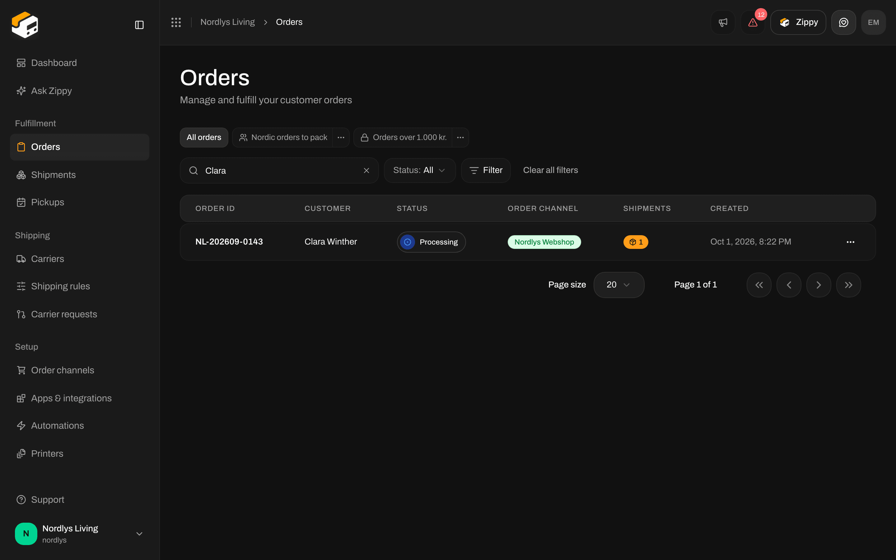Orders list narrowed by a search to one Processing order with one shipment