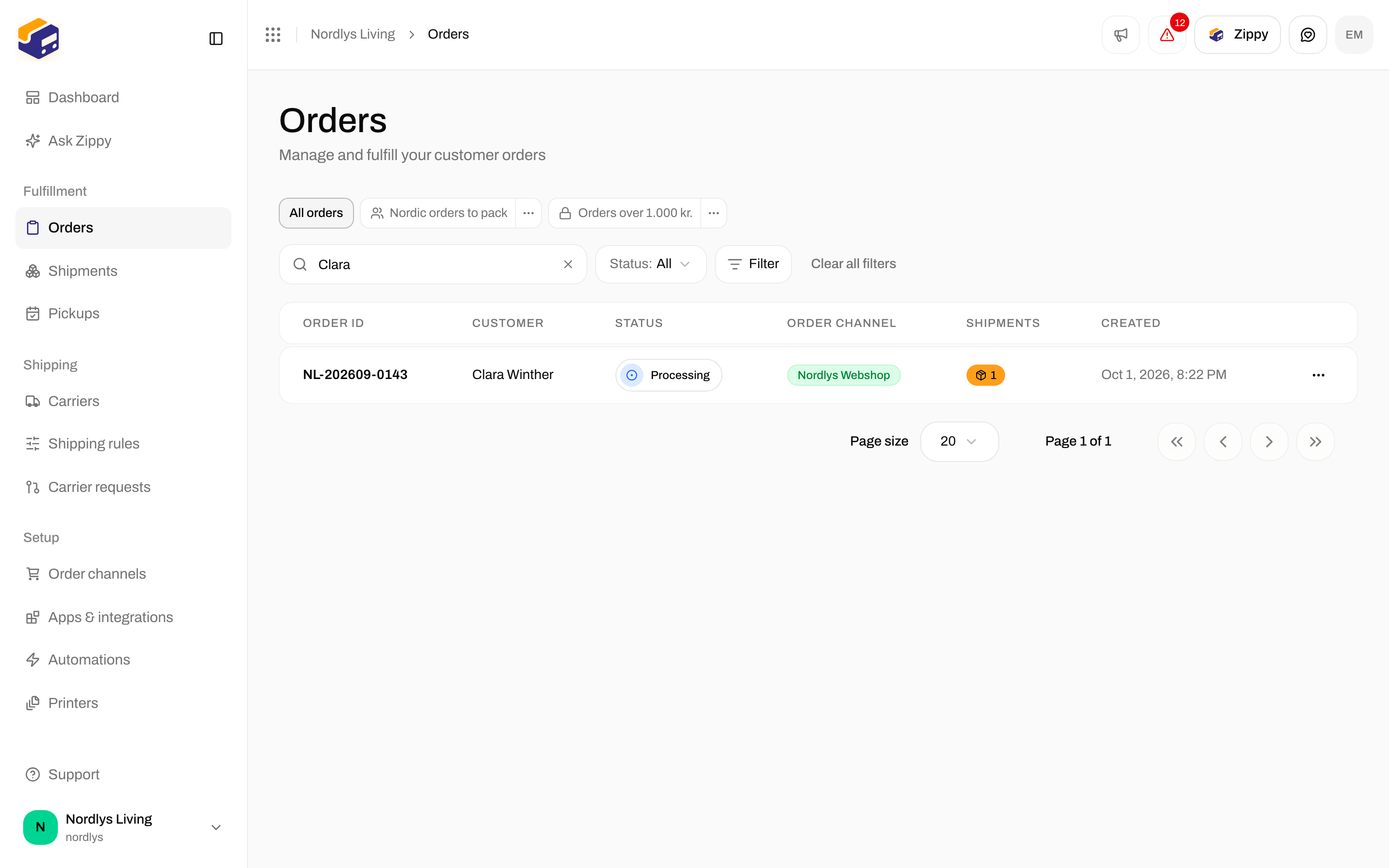 Orders list narrowed by a search to one Processing order with one shipment