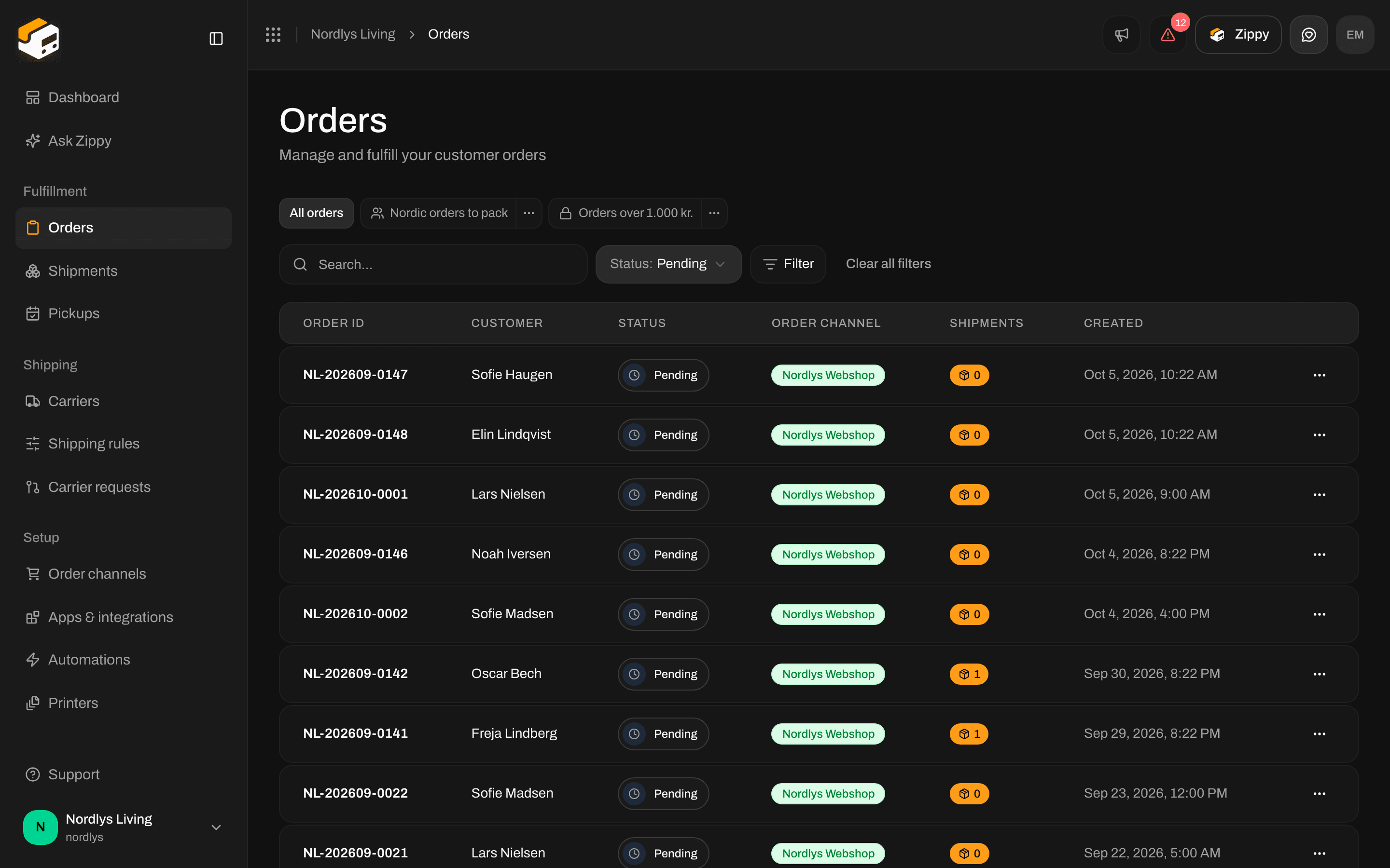 Orders list showing only Pending orders