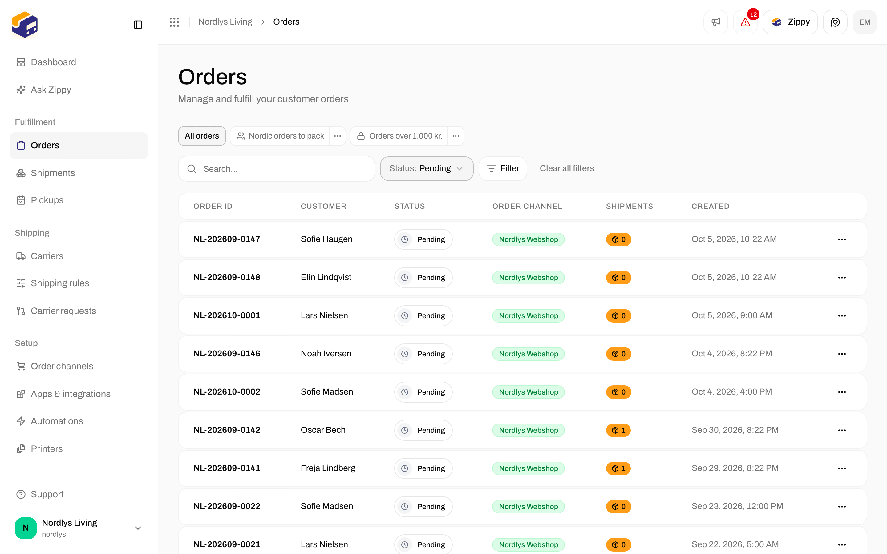 Orders list showing only Pending orders
