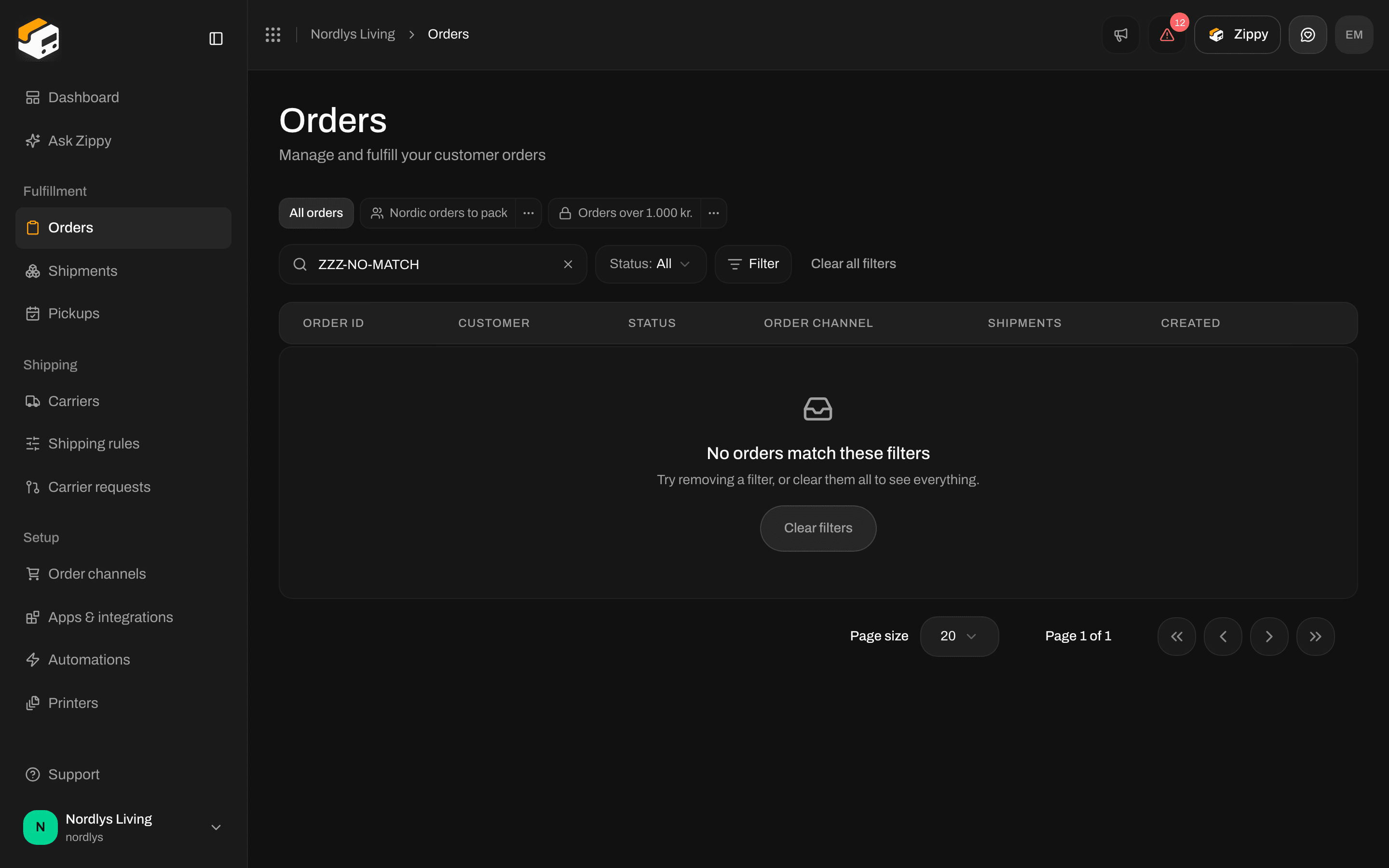 Empty orders table with No orders match these filters and a Clear filters button