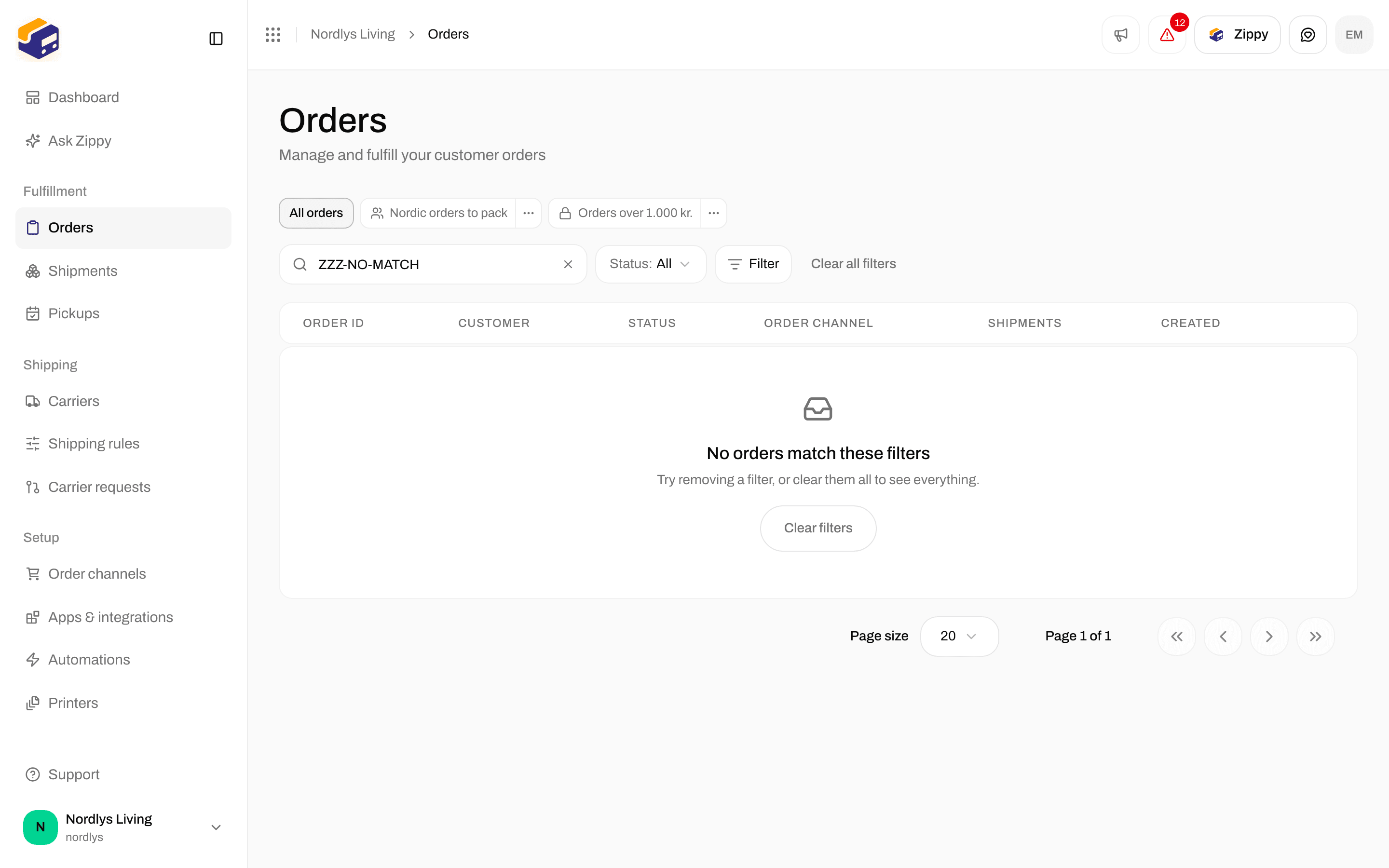 Empty orders table with No orders match these filters and a Clear filters button