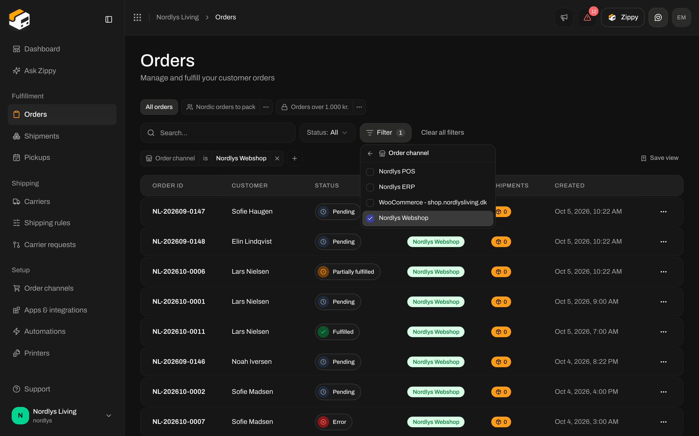 Orders list with an Order channel filter tag above the table