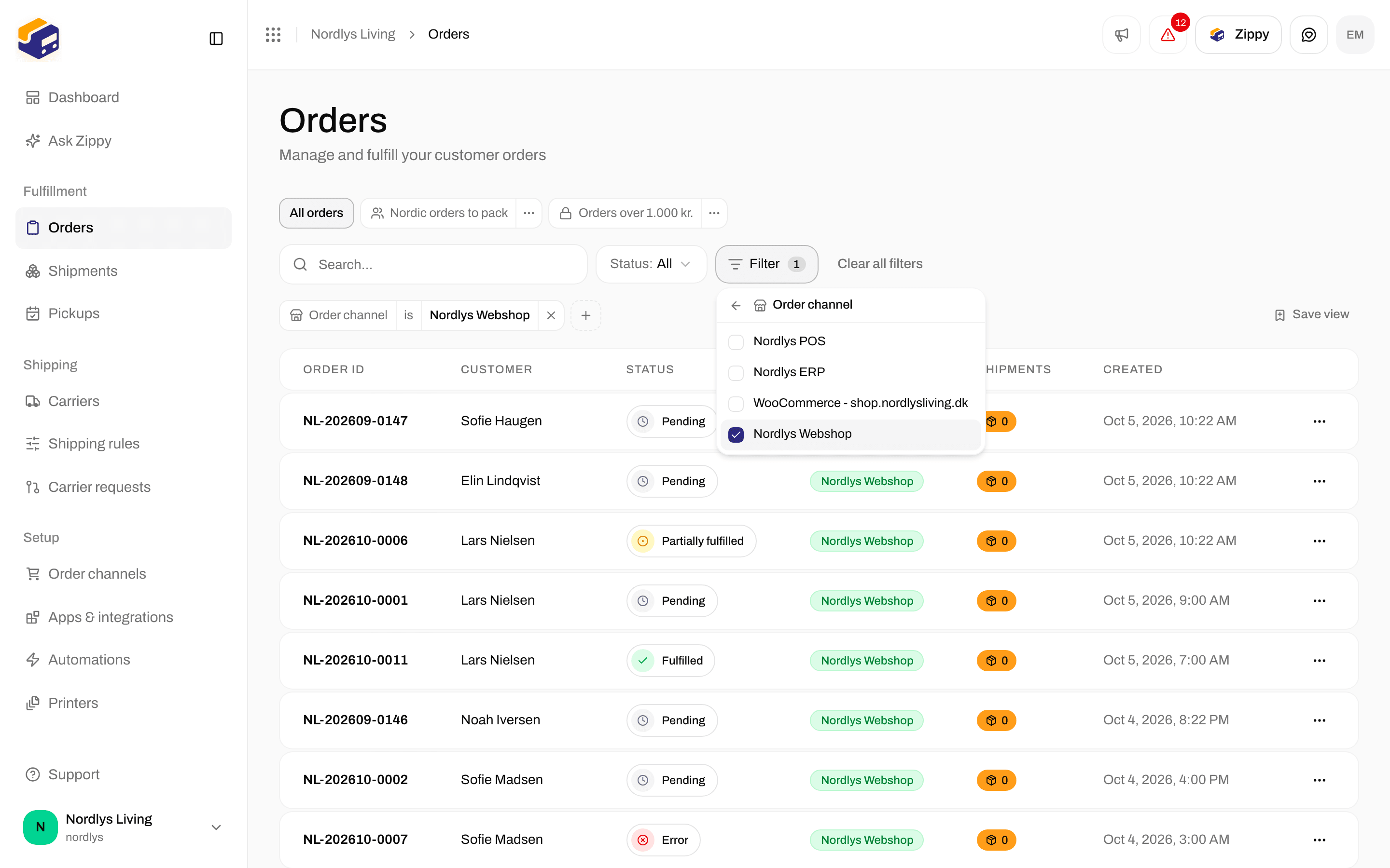 Orders list with an Order channel filter tag above the table