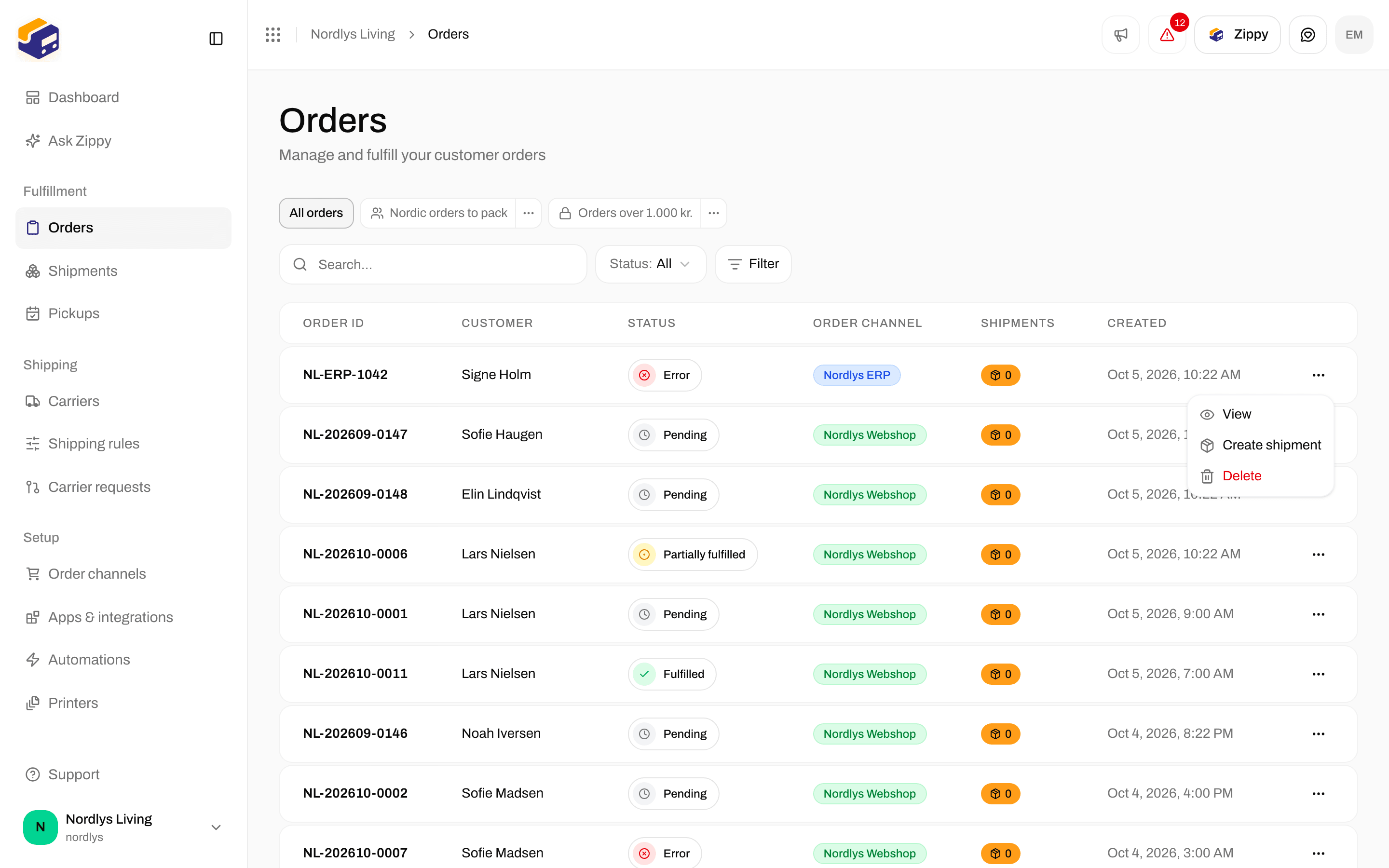 Row menu on an order showing View and Delete