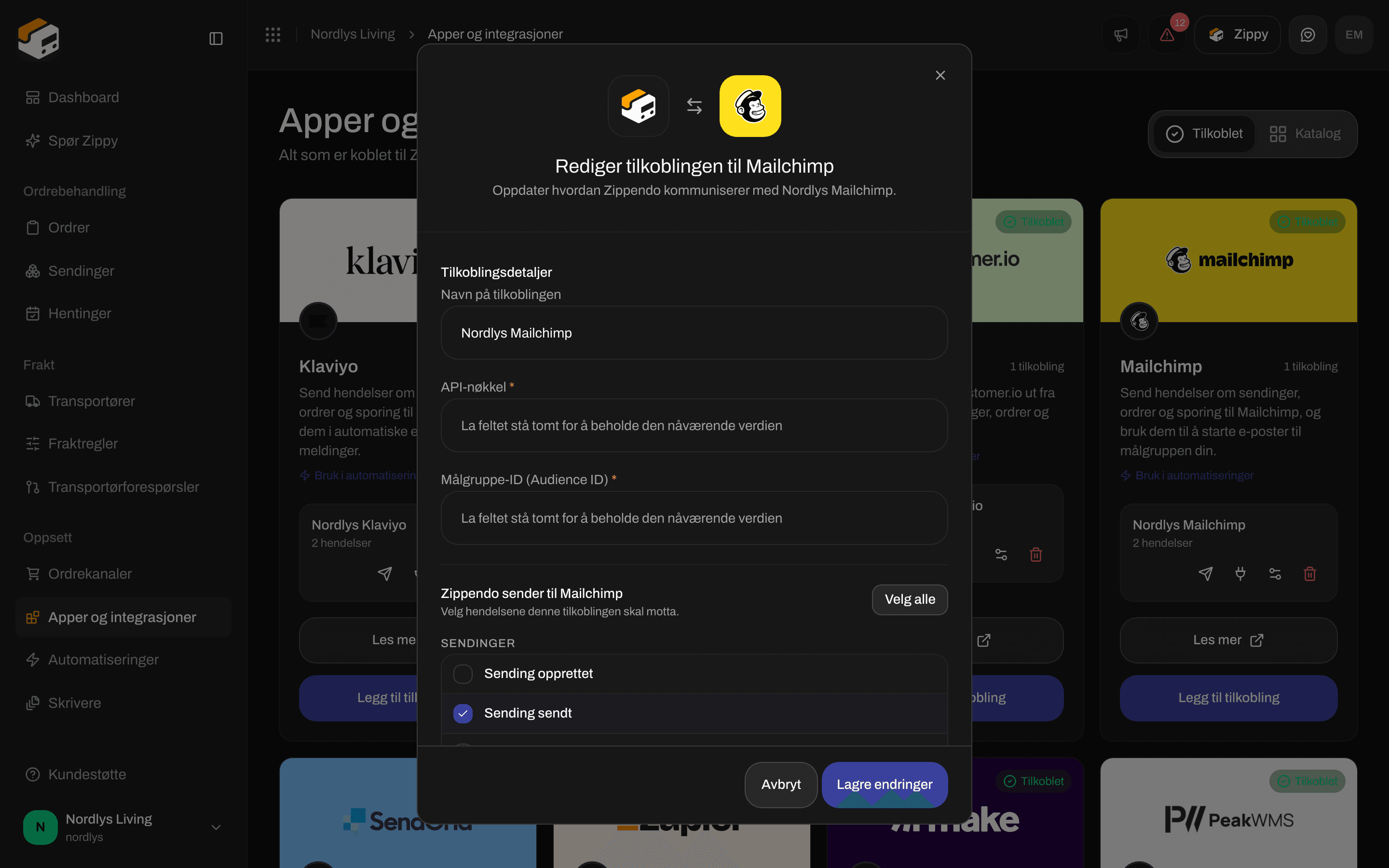 Redigeringsvindu for en Mailchimp-tilkobling med navn på tilkoblingen, tomme felt for API-nøkkel og Audience ID, og hendelsene