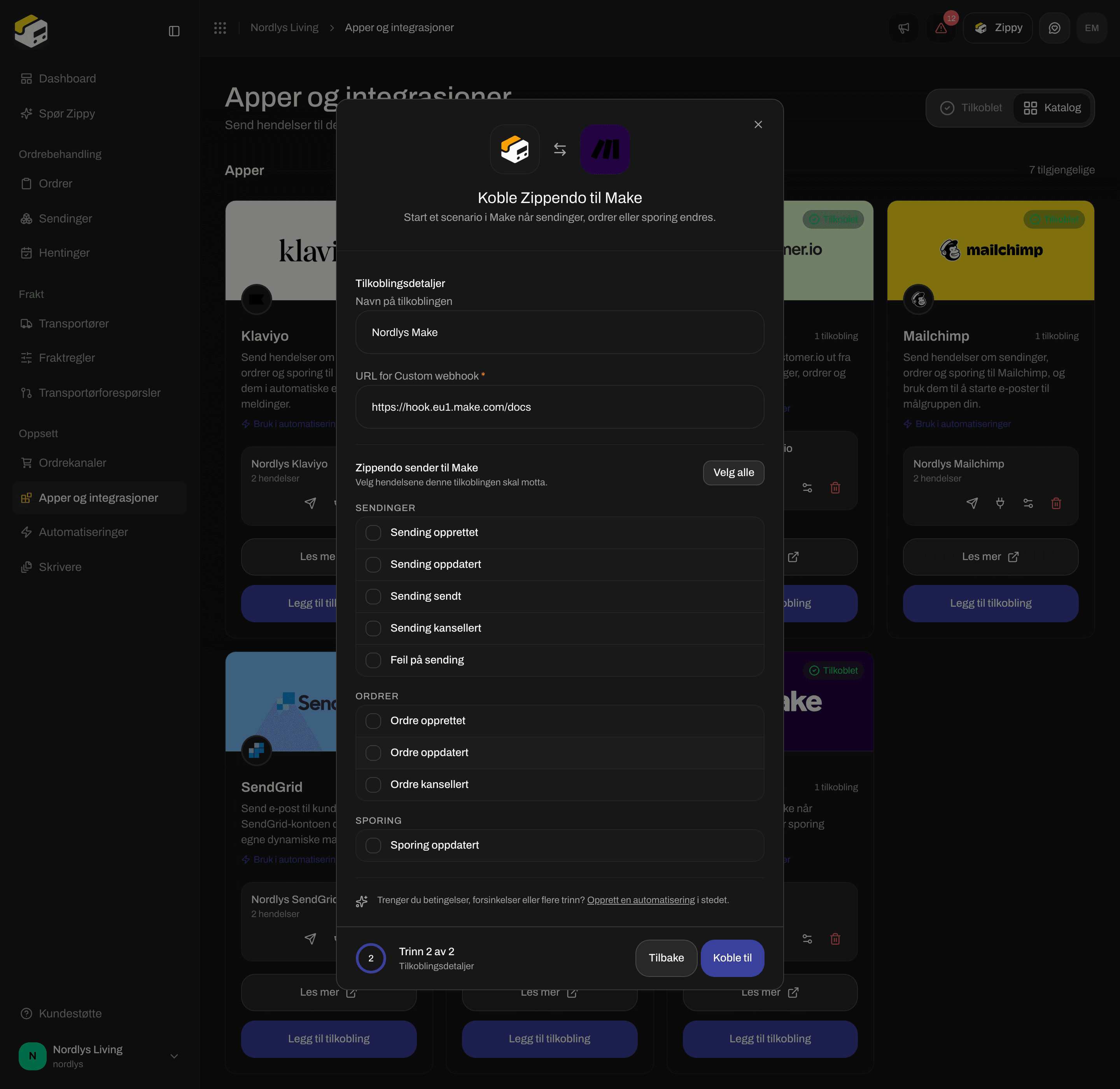 Tilkoblingsvindu for Make med et navn på tilkoblingen, URL for Custom webhook og avmerkingsbokser for hendelser