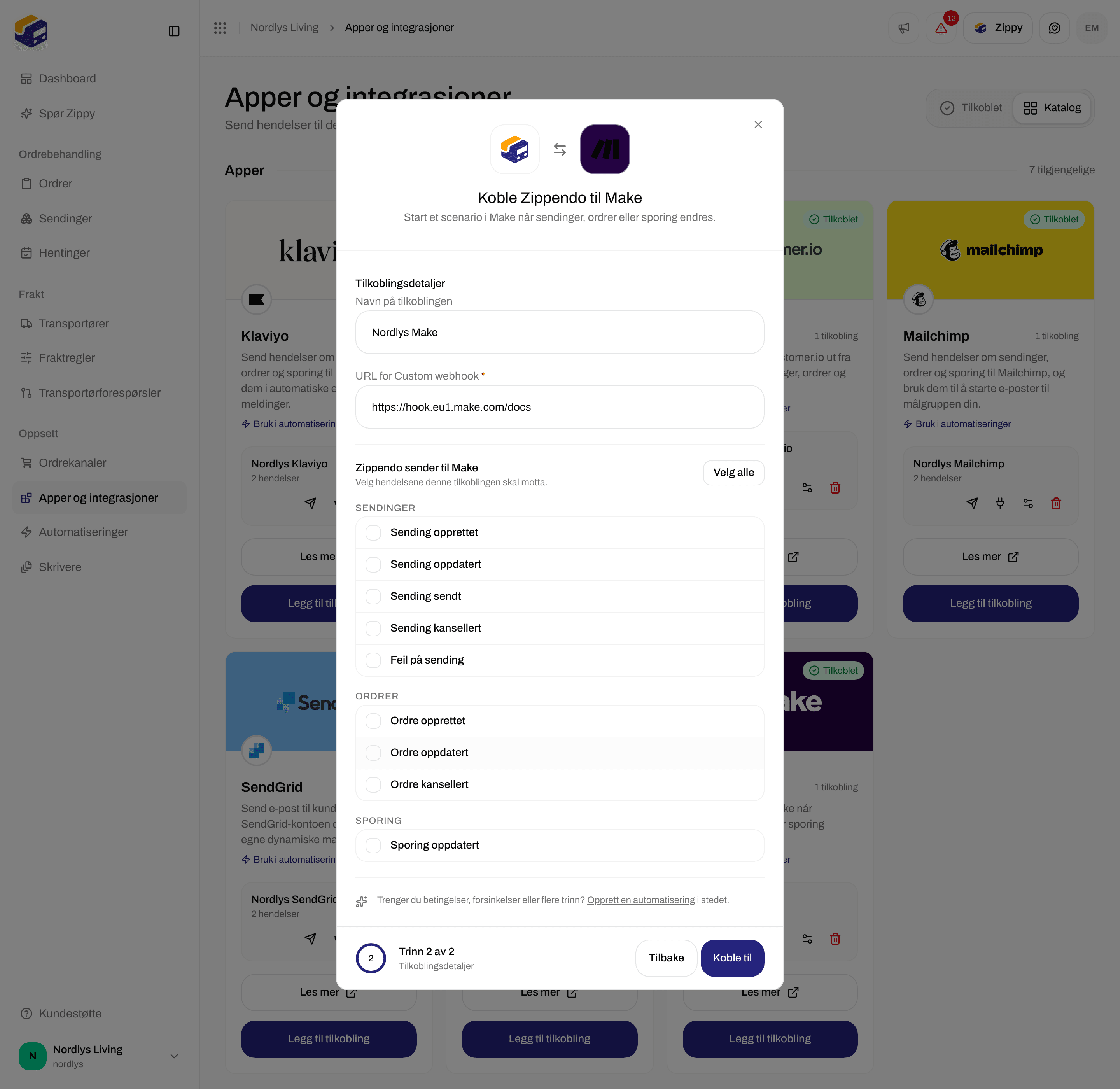 Tilkoblingsvindu for Make med et navn på tilkoblingen, URL for Custom webhook og avmerkingsbokser for hendelser