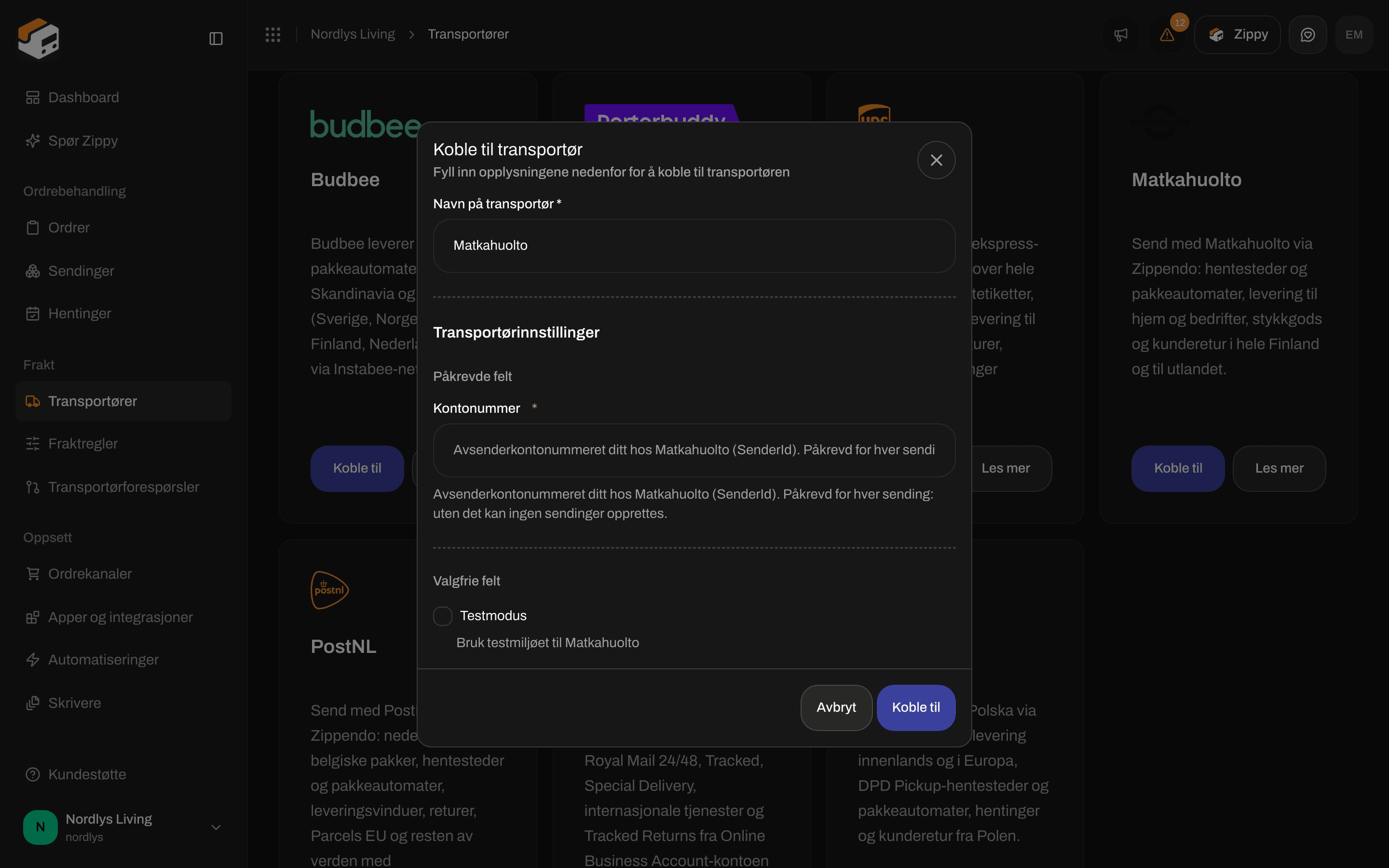 Vinduet Koble til transportør for Matkahuolto med feltet Account number og avkrysningsboksen Testmodus