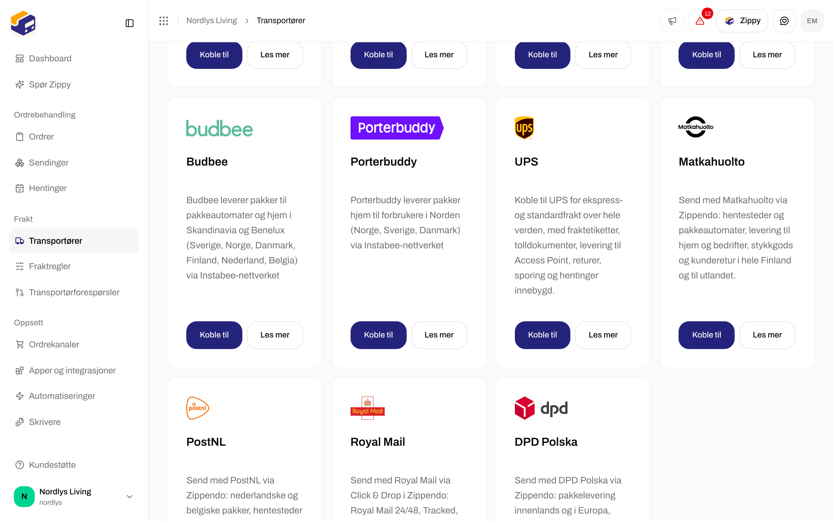 Fanen Alle transportører med kortet for Porterbuddy og knappene Koble til og Les mer