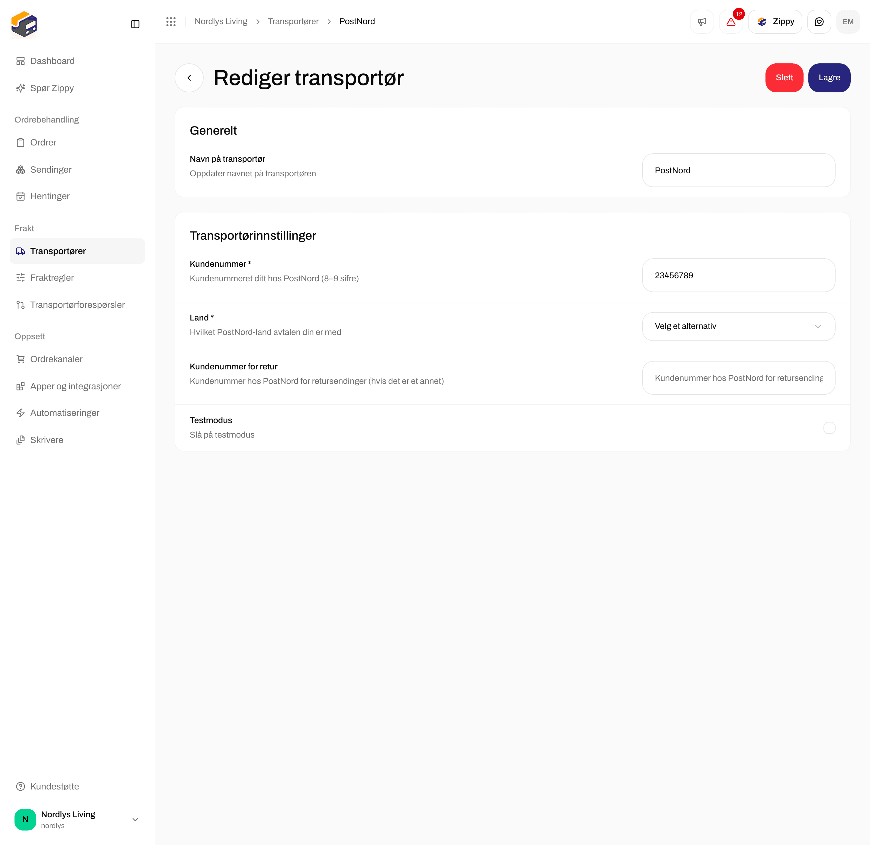 Siden Rediger transportør for PostNord med Customer number, Land, Return customer number og Test mode