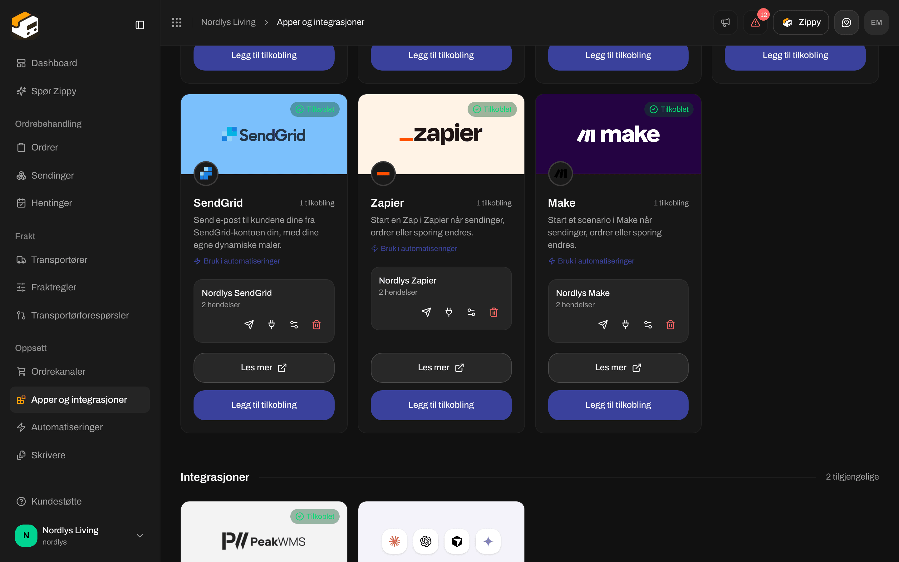 Katalogen med SendGrid-kortet og knappene Bruk i automatiseringer, Les mer og Koble til