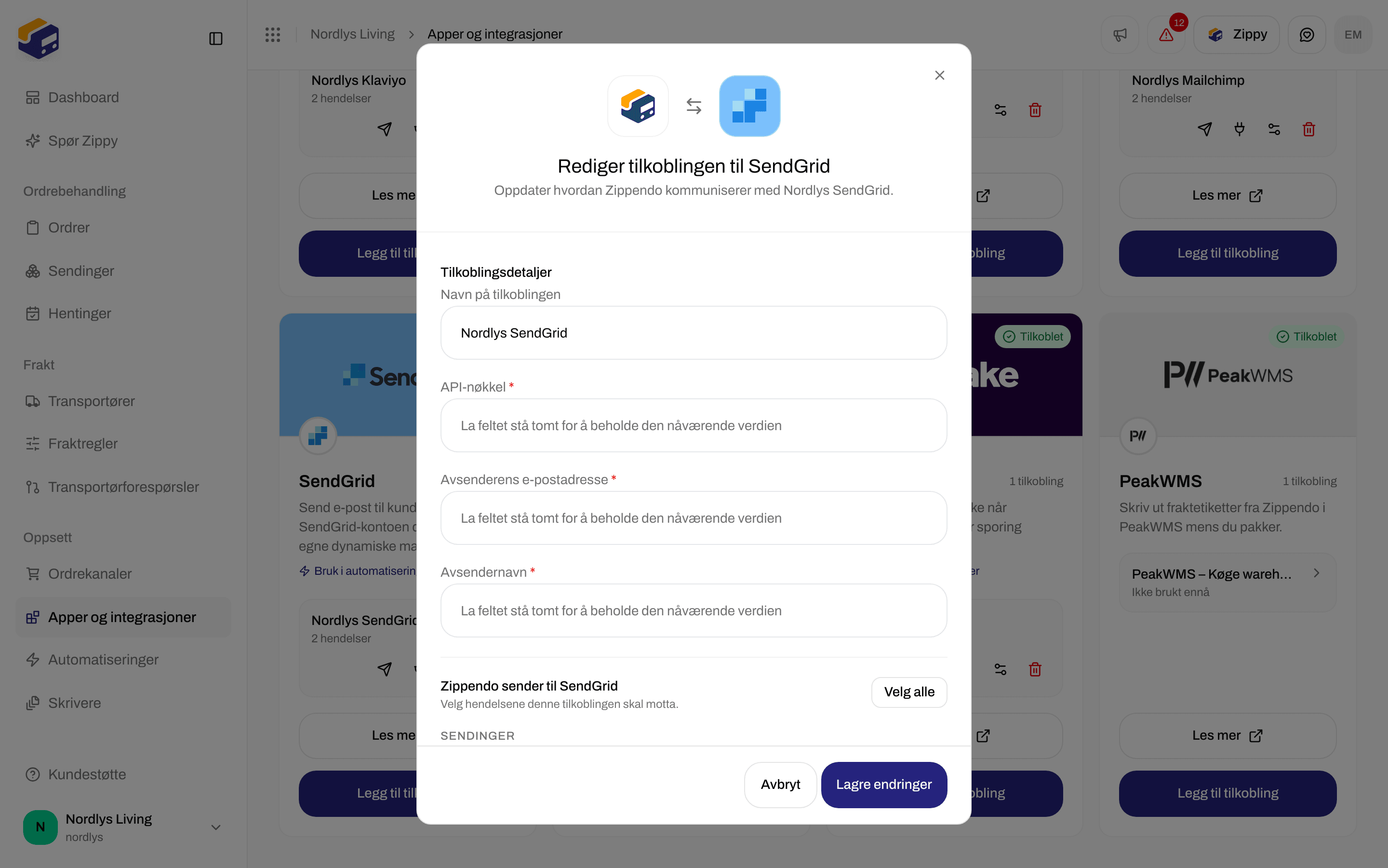 Redigeringsvindu for en SendGrid-tilkobling med navn på tilkoblingen, tomme felt for API-nøkkel, Avsenderens e-postadresse og Avsendernavn, og hendelsene