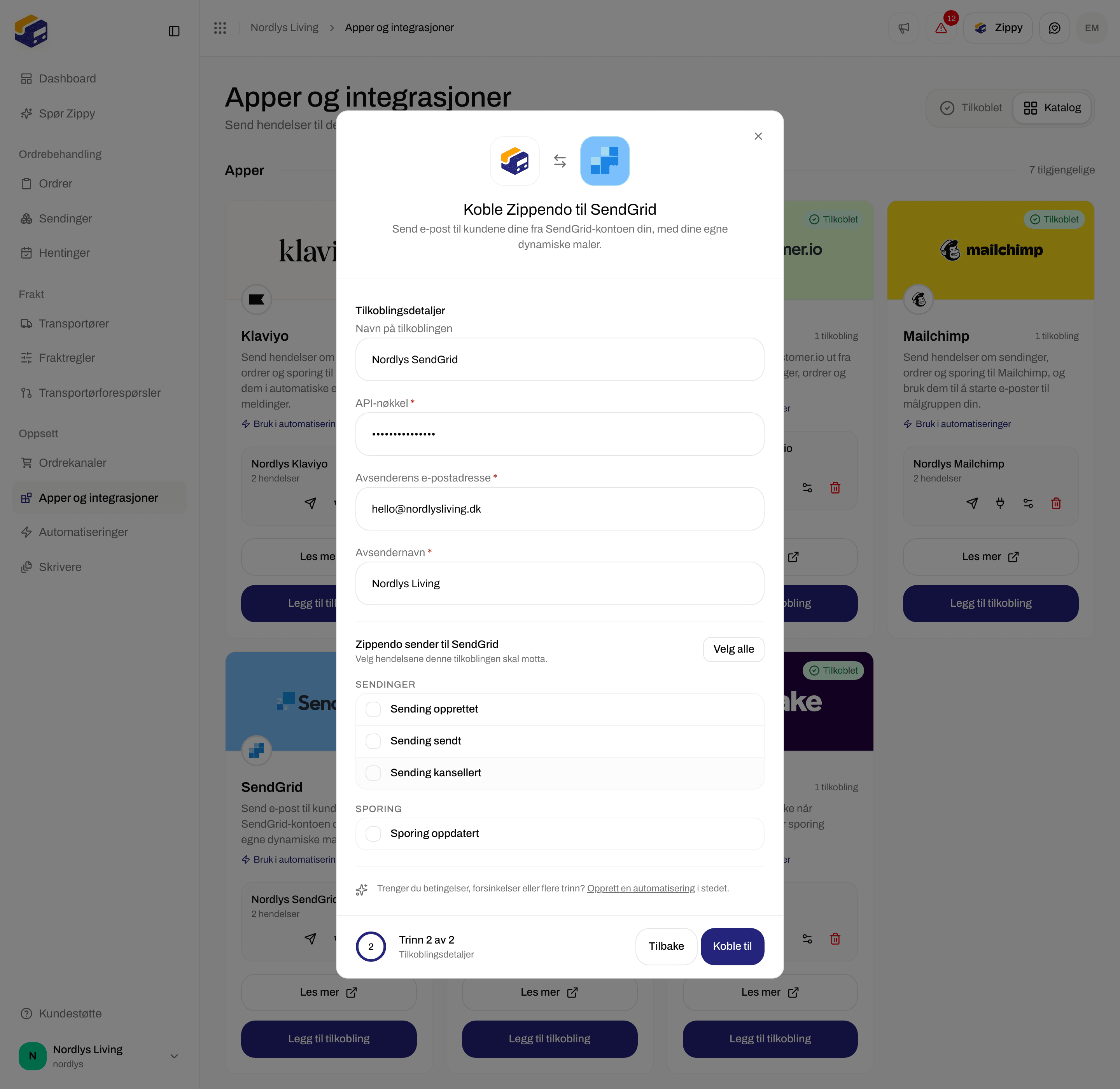 Tilkoblingsvinduet for SendGrid rullet ned til avkrysningsboksene for hendelser, inkludert Sporing oppdatert