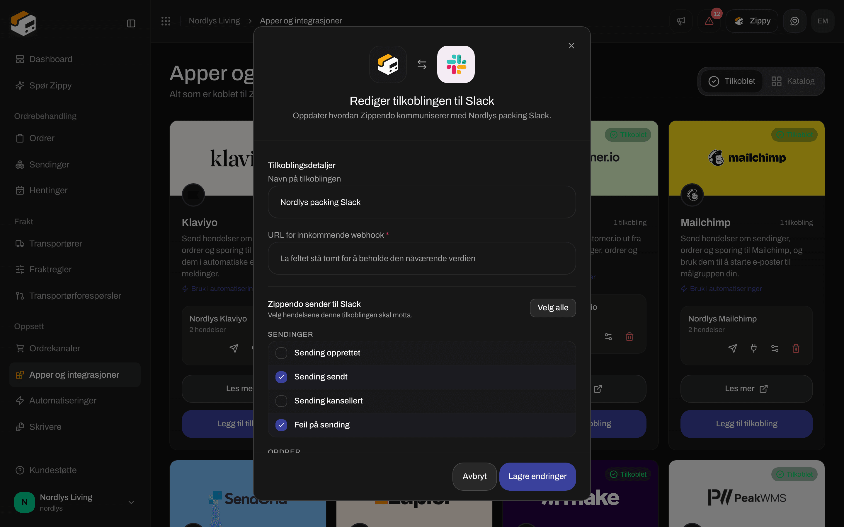 Redigeringsvindu for en Slack-tilkobling med navnet på tilkoblingen, et tomt webhook-felt og hendelsene