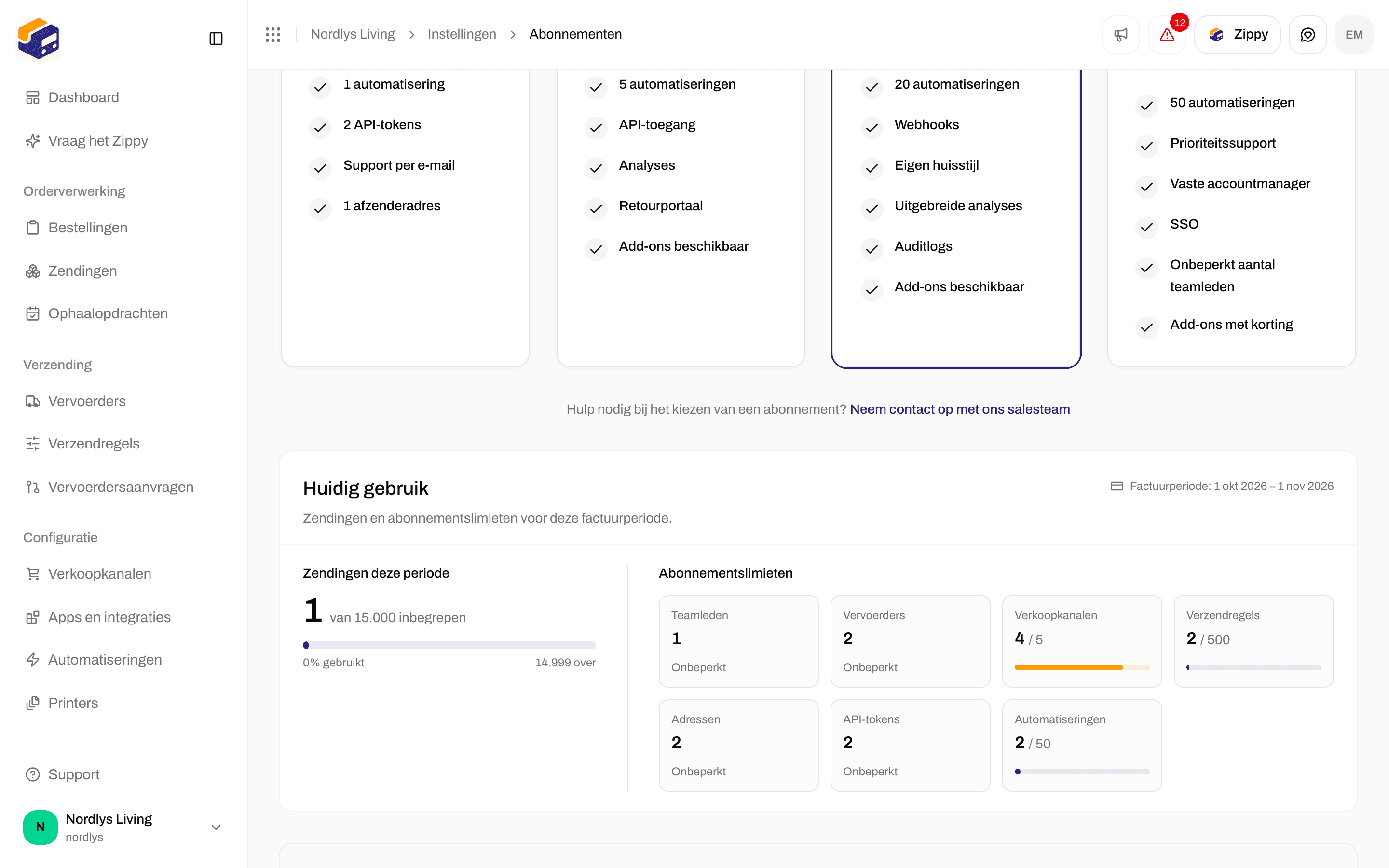 Instellingen voor Abonnementen met Huidig gebruik en Zendingen deze periode