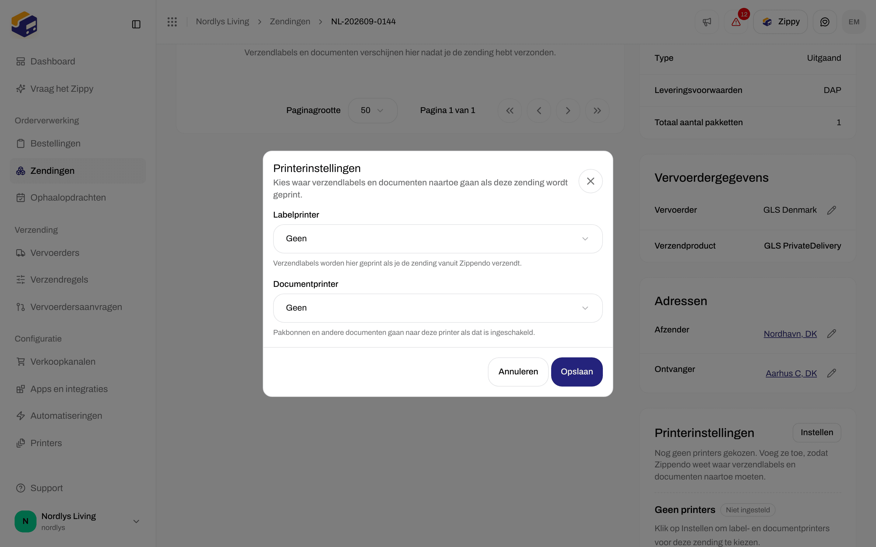 Venster Printerinstellingen met velden voor labelprinter en documentprinter